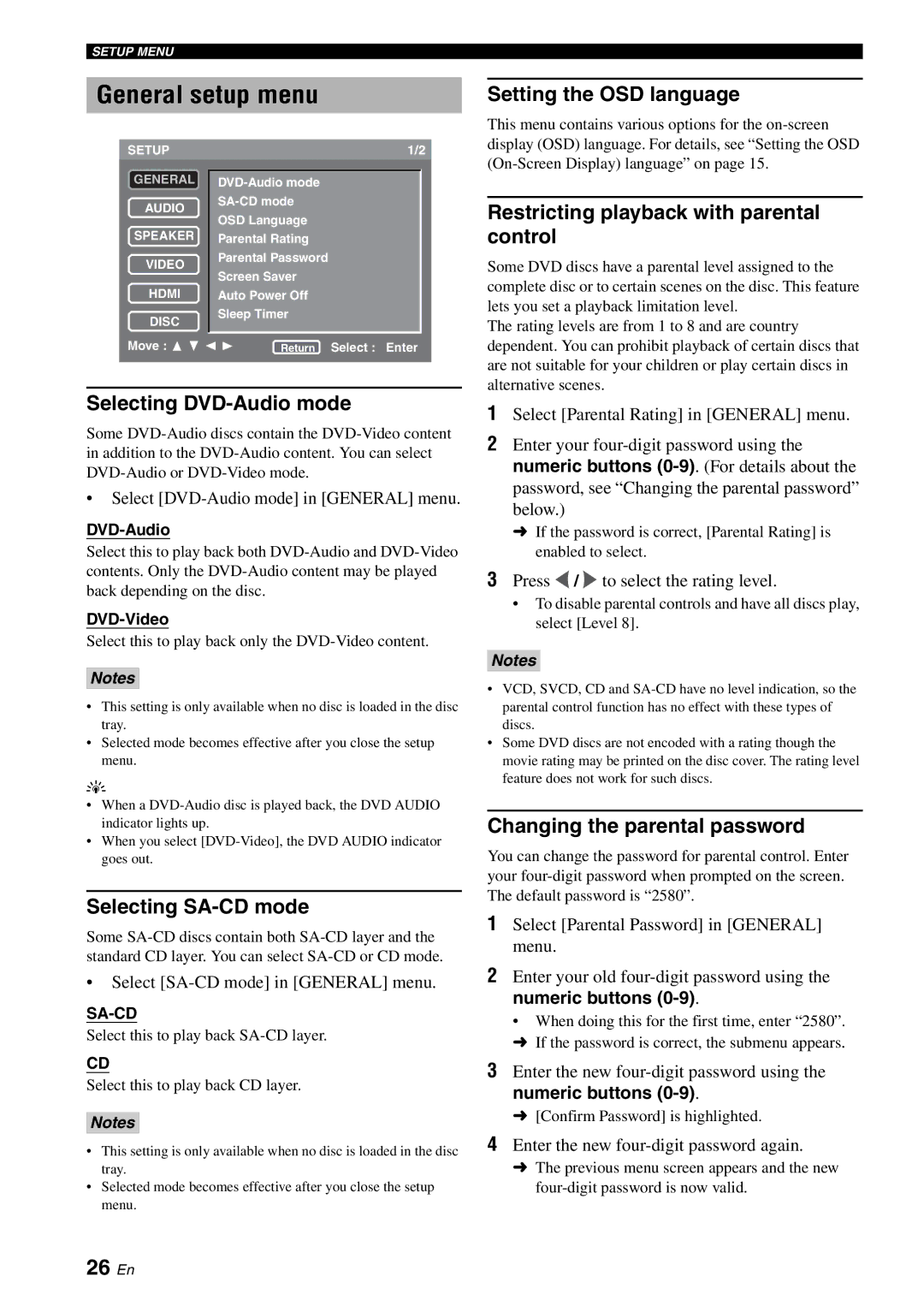 Yamaha DVD-S1700B manual General setup menu, 26 En 