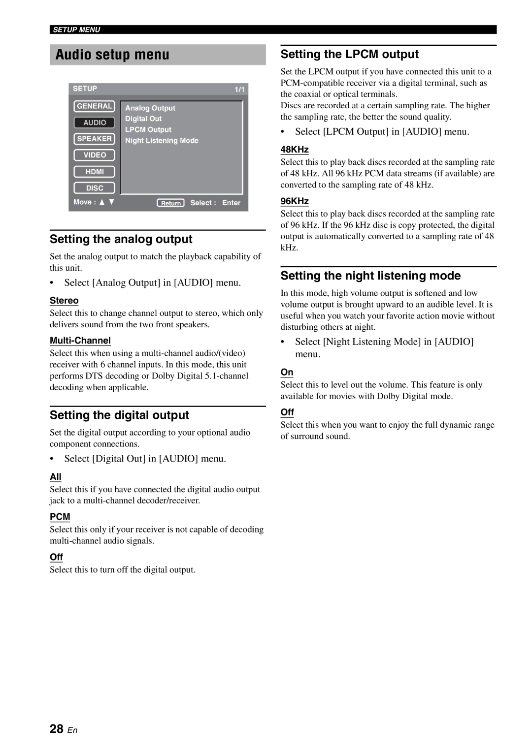 Yamaha DVD-S1700B manual Audio setup menu, 28 En 