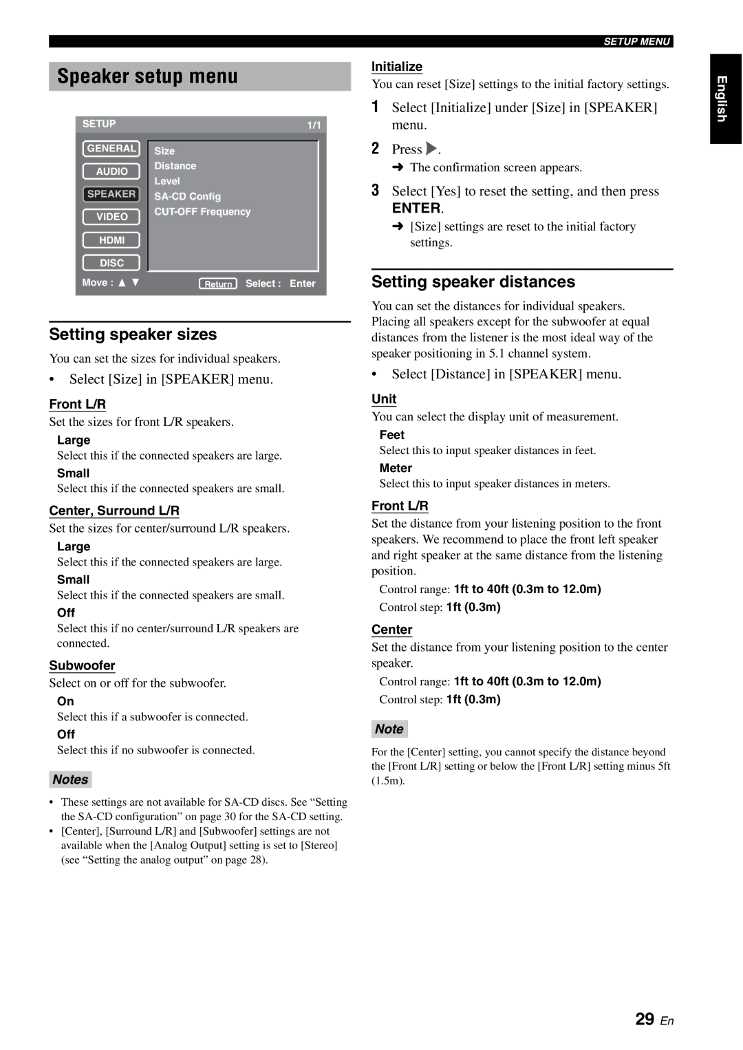 Yamaha DVD-S1700B manual Speaker setup menu, 29 En, Setting speaker sizes, Setting speaker distances 