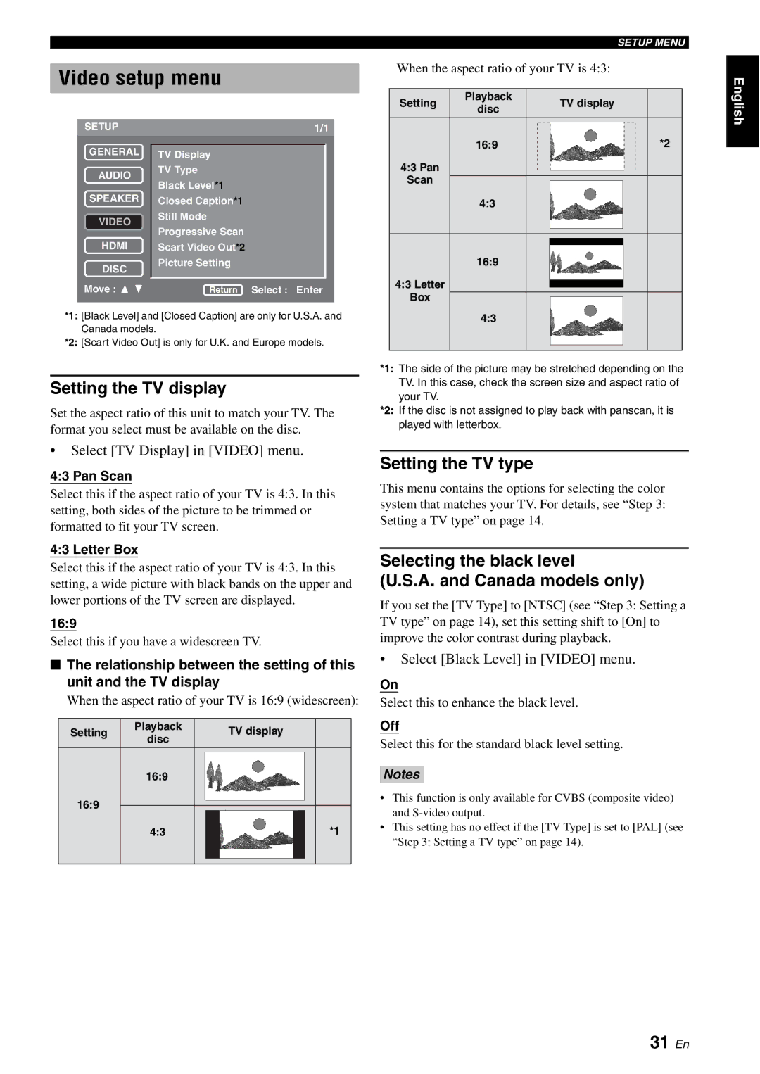 Yamaha DVD-S1700B manual Video setup menu, 31 En, Setting the TV display, Setting the TV type 