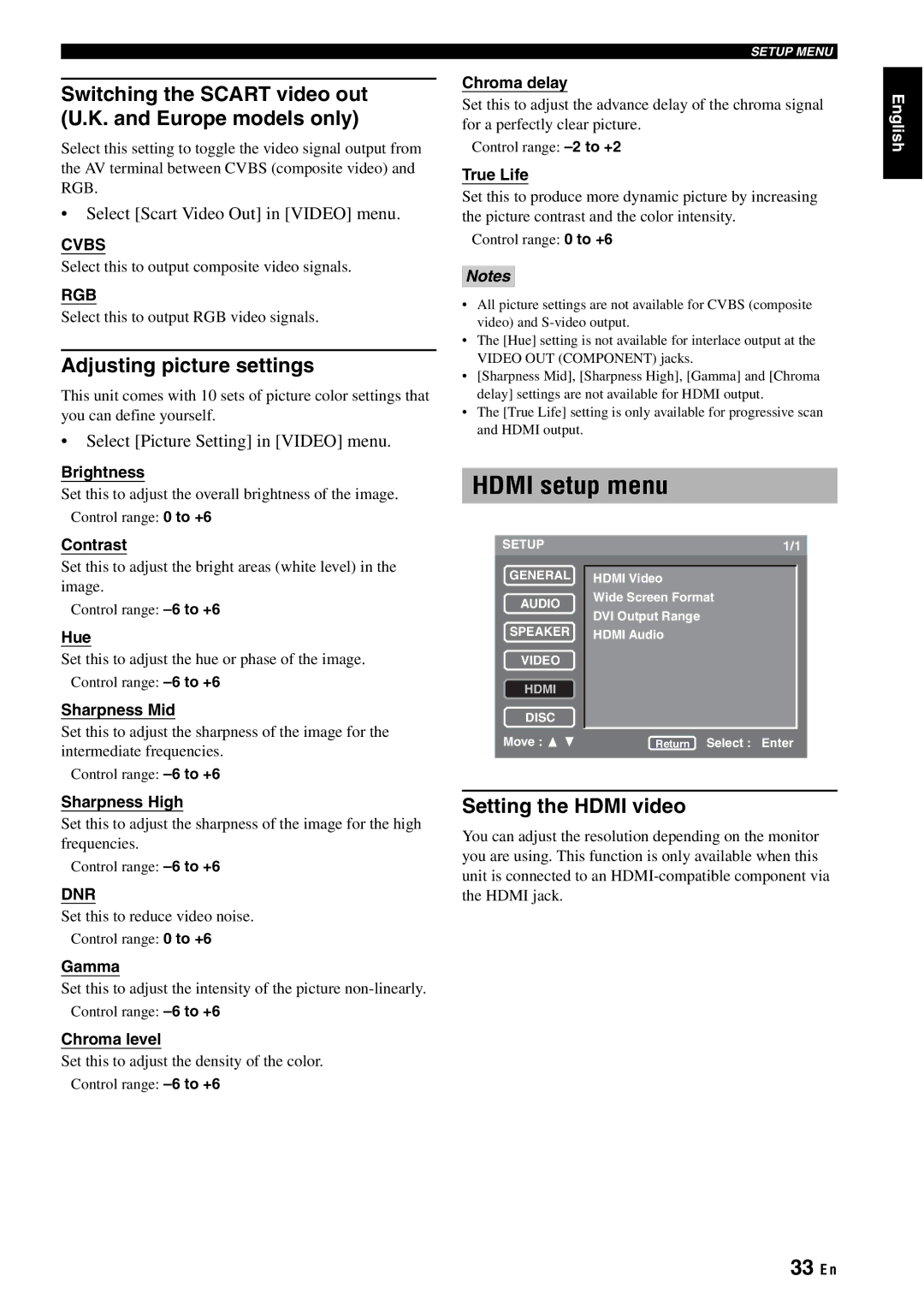 Yamaha DVD-S1700B manual Hdmi setup menu, 33 En, Switching the Scart video out U.K. and Europe models only 