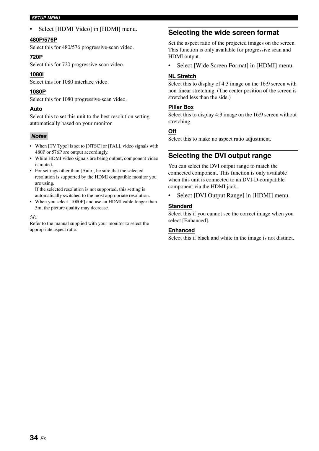 Yamaha DVD-S1700B manual 34 En, Selecting the wide screen format, Selecting the DVI output range 