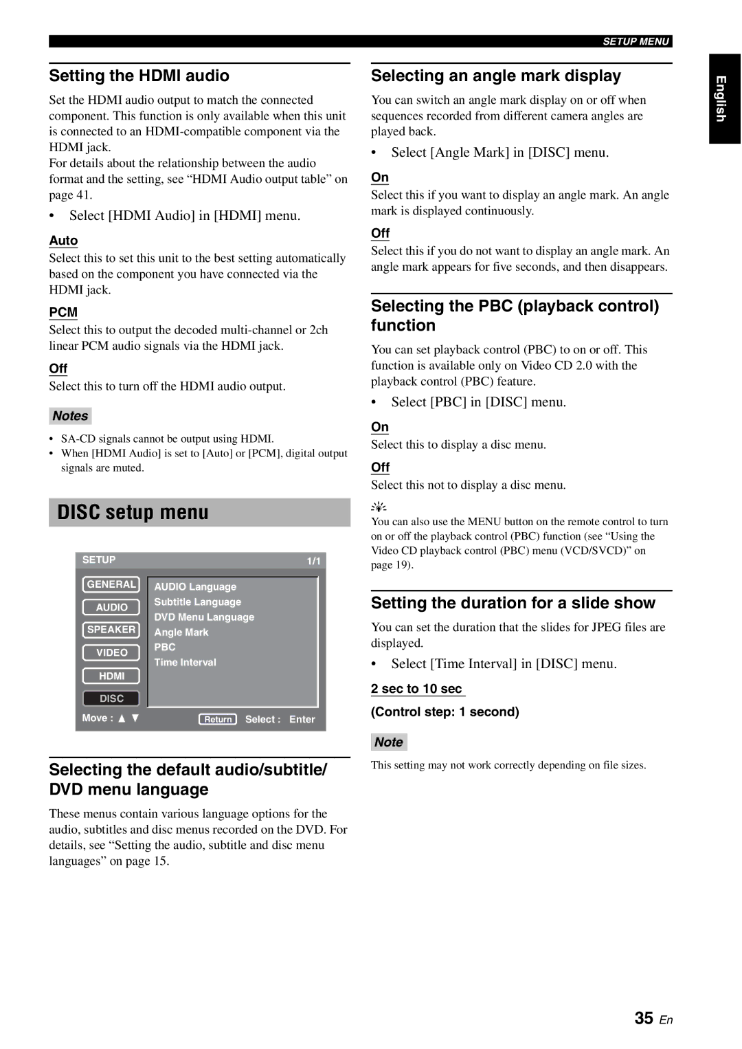 Yamaha DVD-S1700B manual Disc setup menu, 35 En 