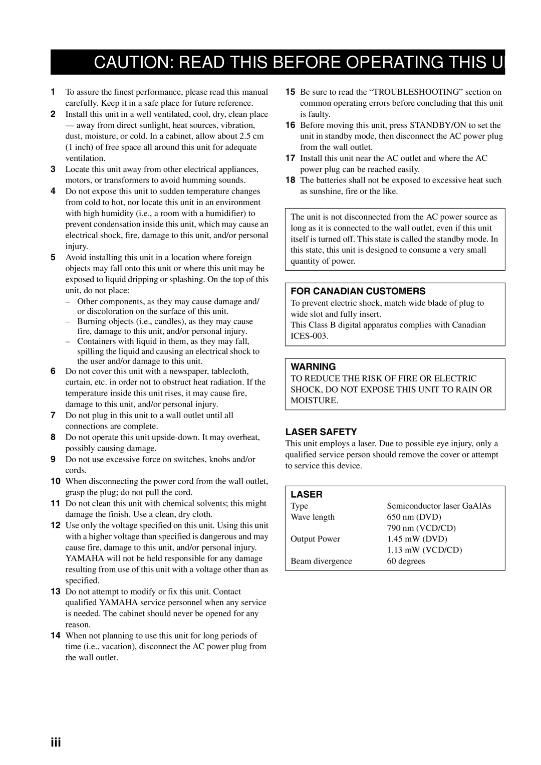 Yamaha DVD-S1700B manual Iii, For Canadian Customers, Laser Safety 