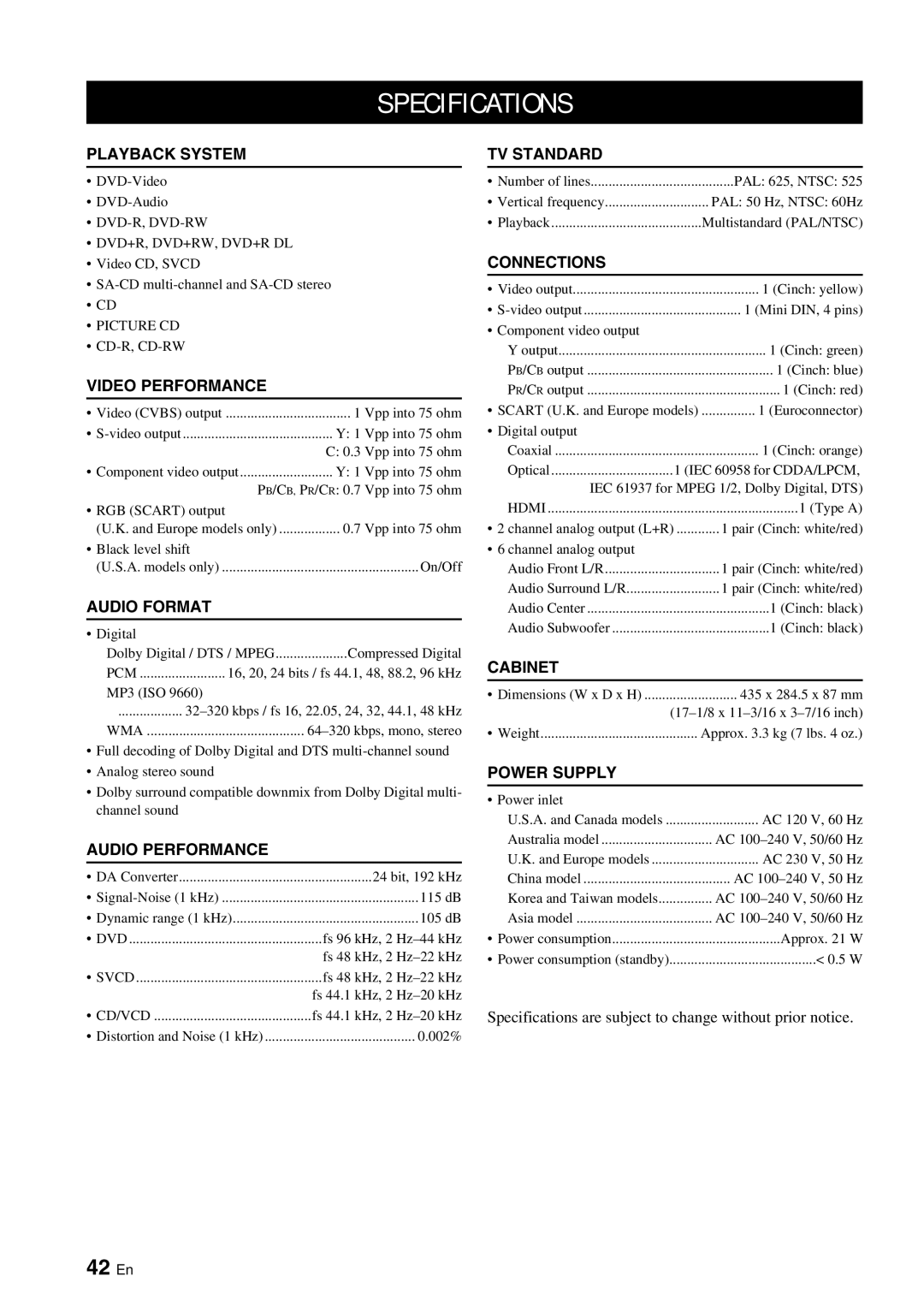 Yamaha DVD-S1700B manual Specifications, 42 En 