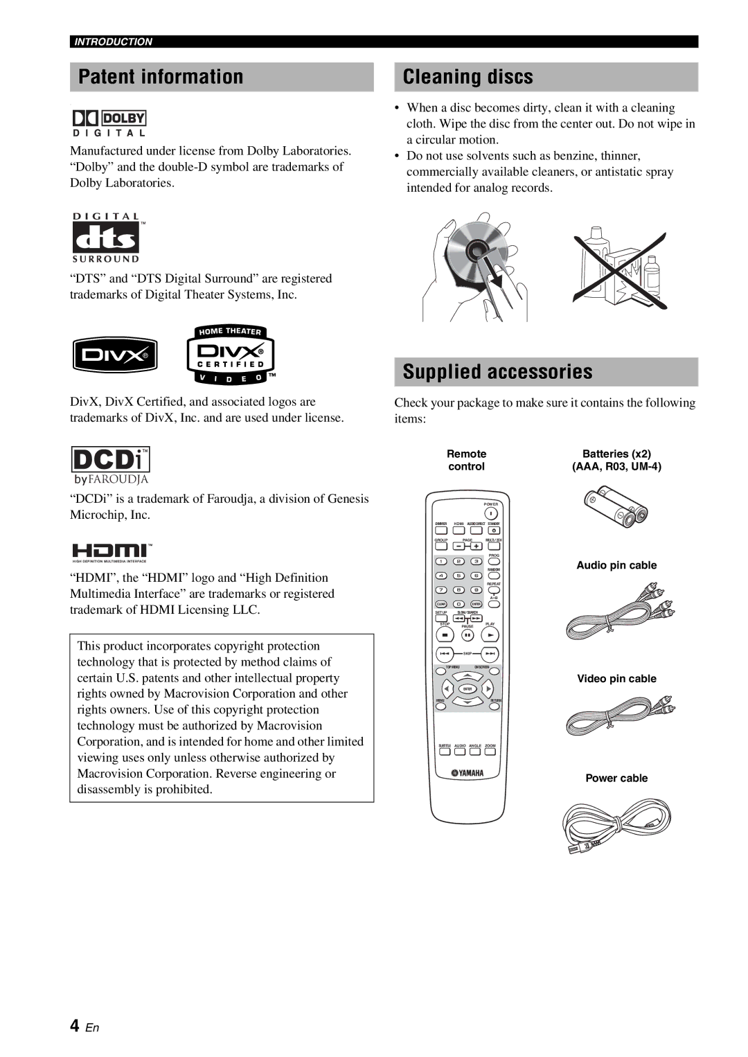 Yamaha DVD-S1700B manual Patent information, Cleaning discs, Supplied accessories 