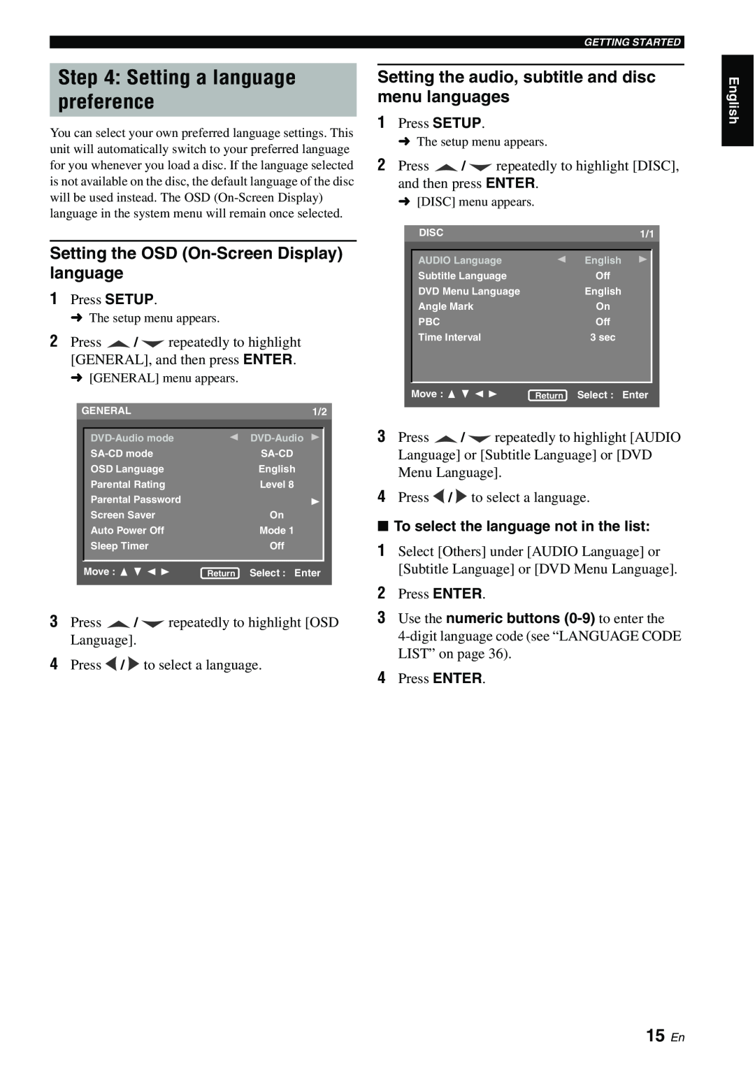 Yamaha DVD-S1700B manual Setting a language preference, 15 En, Setting the OSD On-ScreenDisplay language 