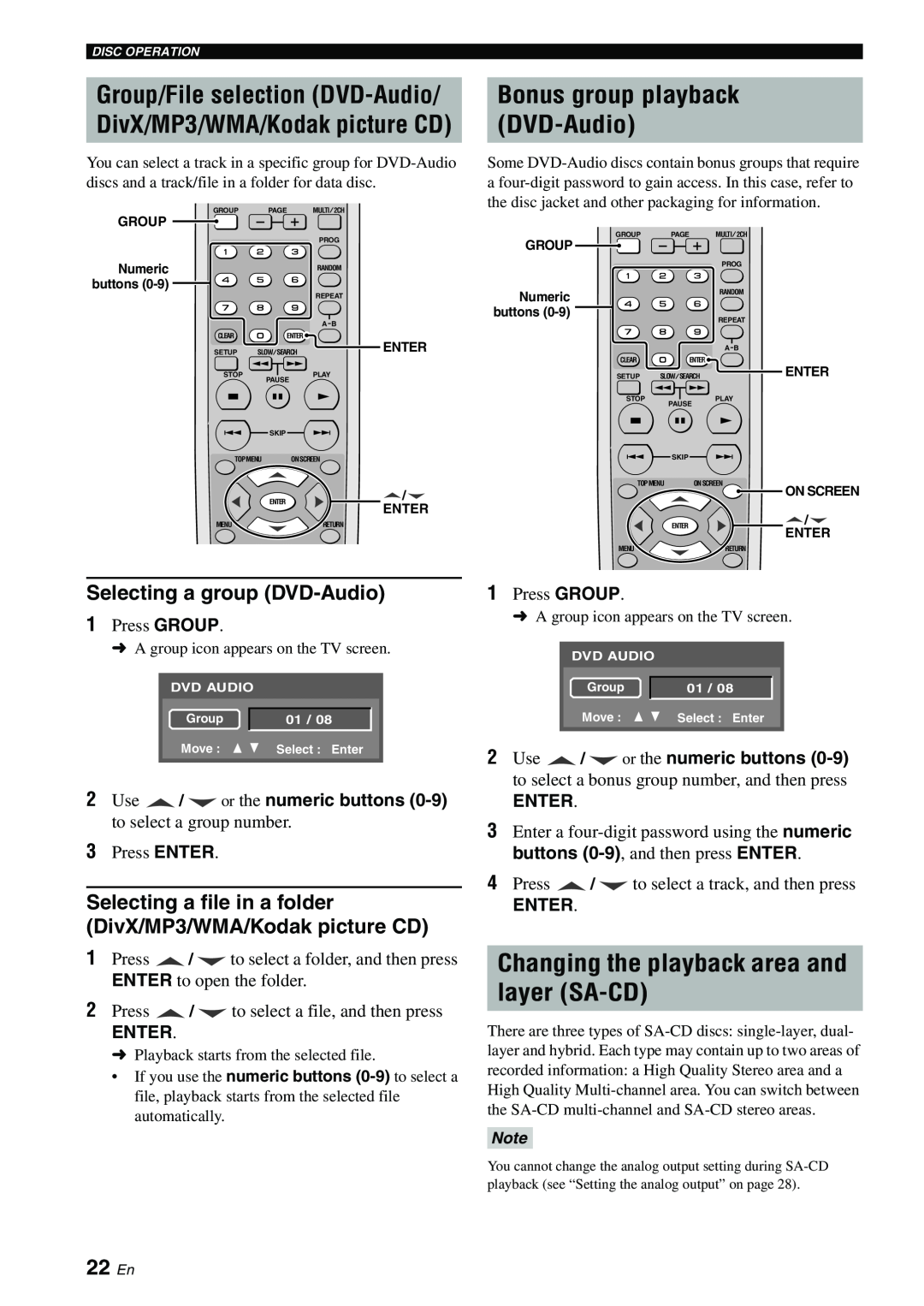 Yamaha DVD-S1700B manual Changing the playback area and layer SA-CD, Bonus group playback DVD-Audio, 22 En, Enter 