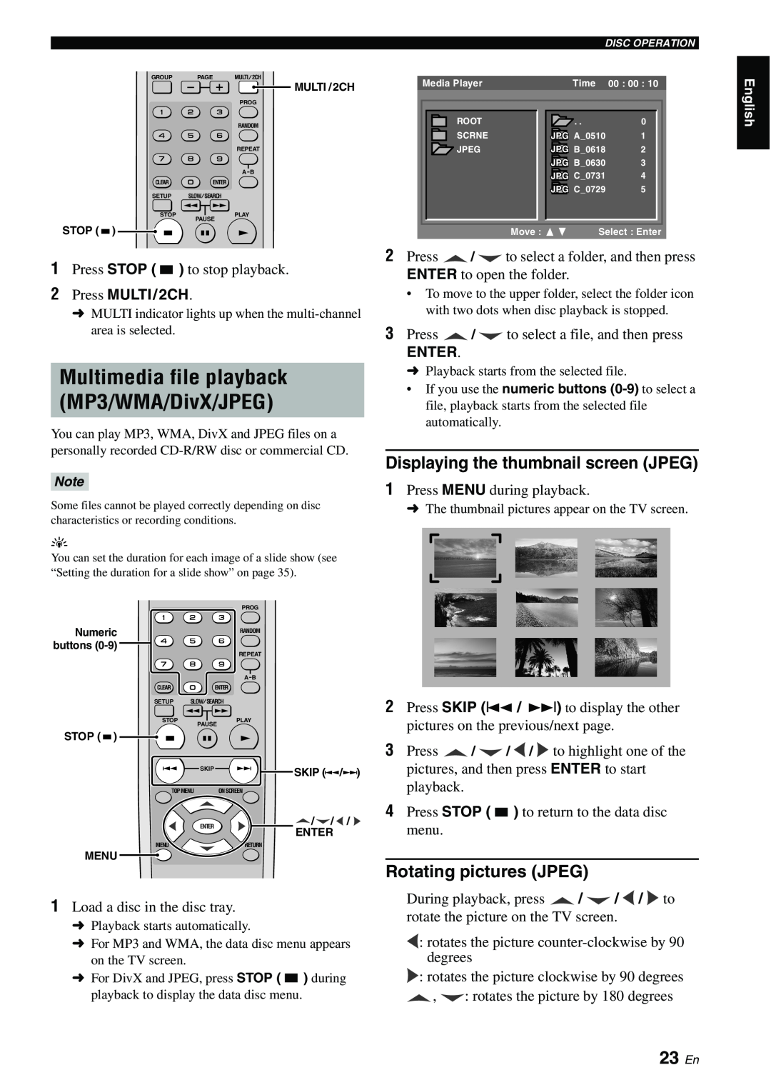 Yamaha DVD-S1700B manual Multimedia file playback MP3/WMA/DivX/JPEG, 23 En, Displaying the thumbnail screen JPEG, Enter 