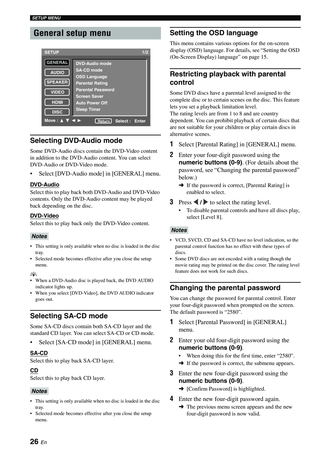 Yamaha DVD-S1700B manual General setup menu, 26 En, Selecting DVD-Audiomode, Selecting SA-CDmode, Setting the OSD language 