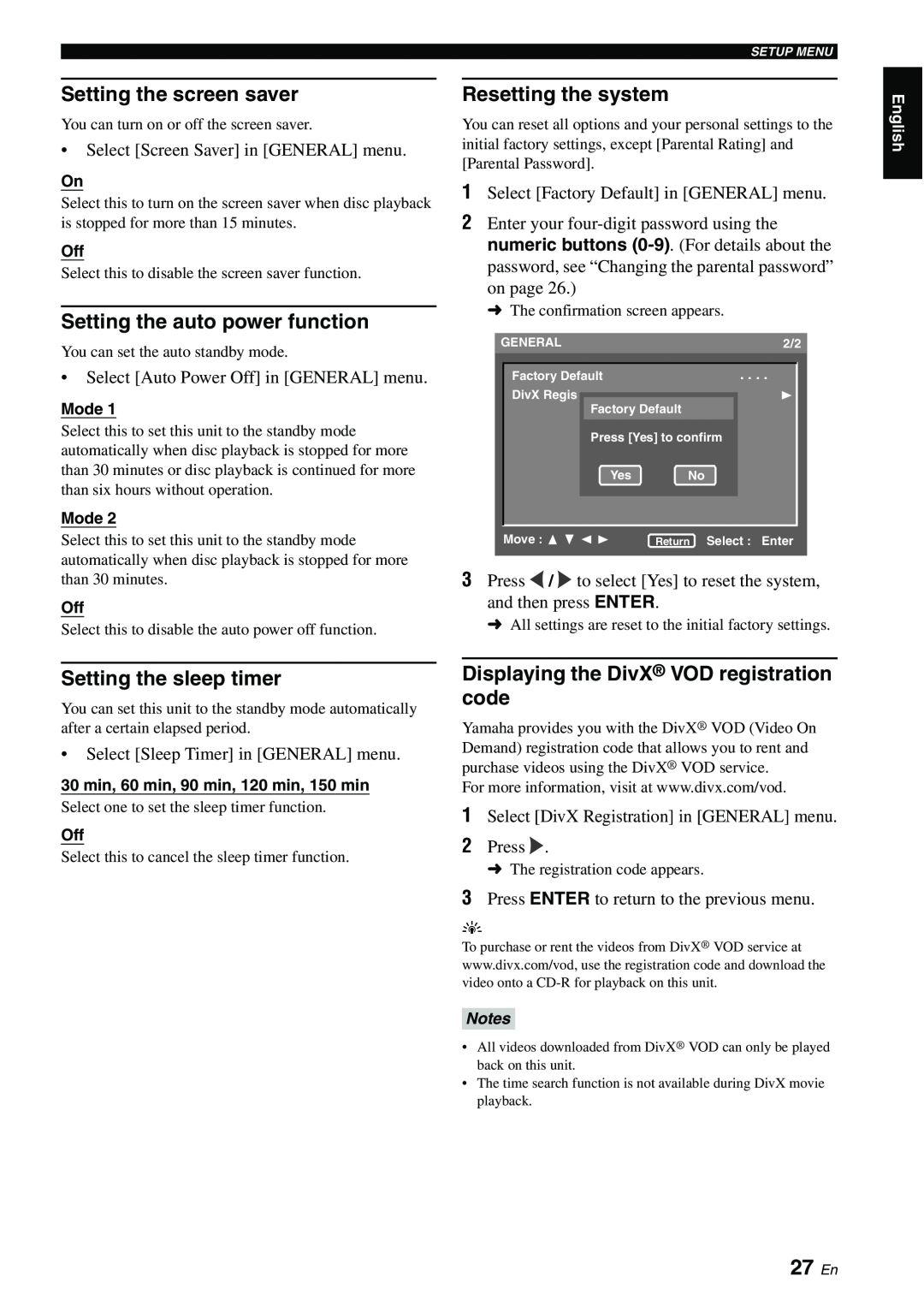 Yamaha DVD-S1700B manual 27 En, Setting the screen saver, Setting the auto power function, Resetting the system, English 