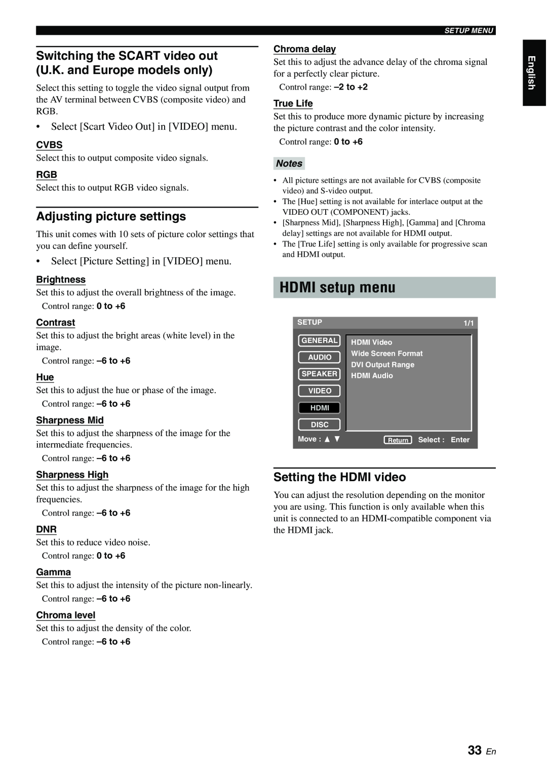 Yamaha DVD-S1700B manual HDMI setup menu, 33 En, Adjusting picture settings, Setting the HDMI video, English 