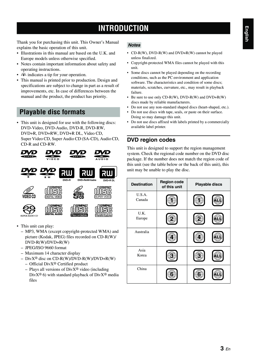 Yamaha DVD-S1700B manual Introduction, Playable disc formats, 3 En 