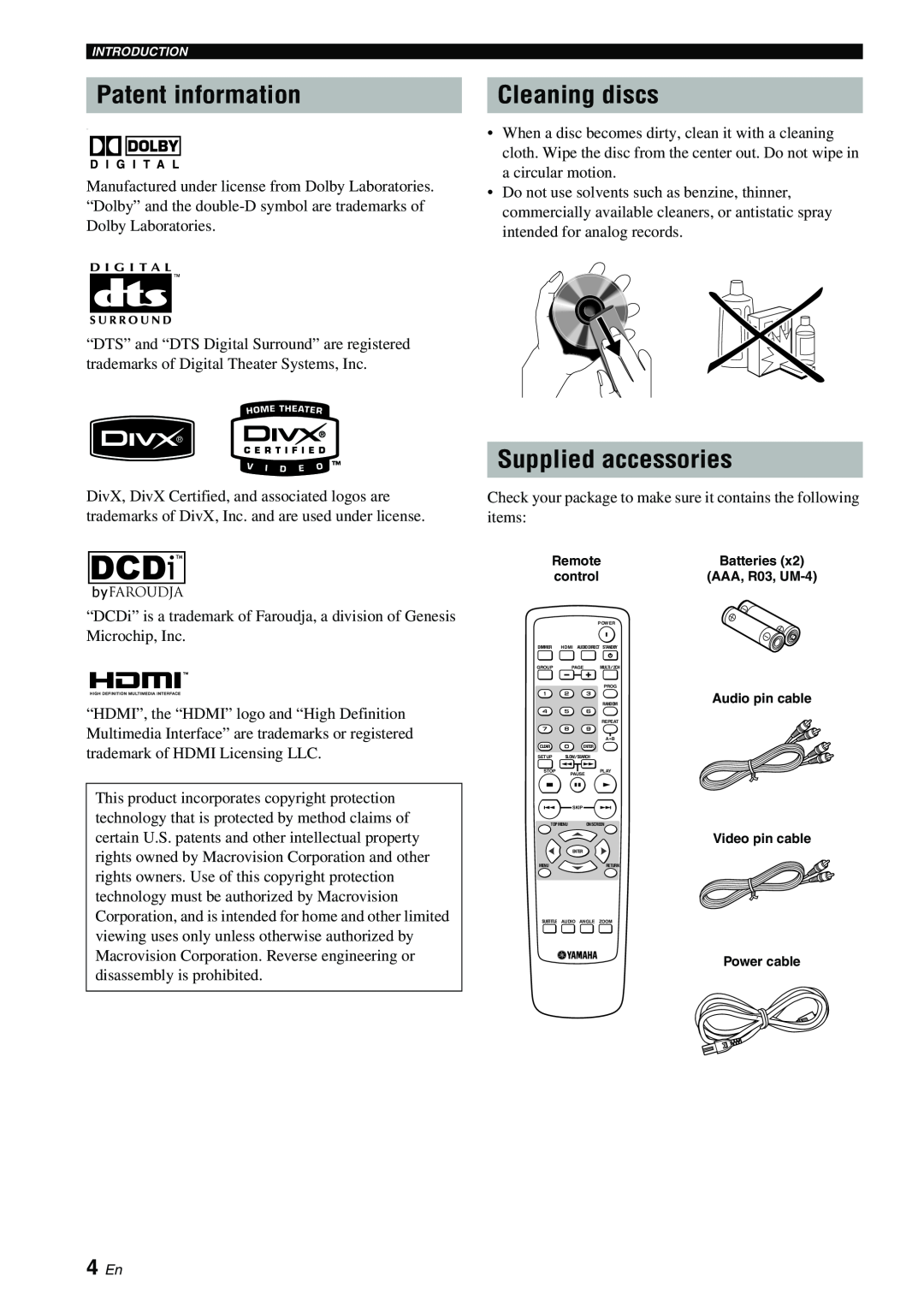 Yamaha DVD-S1700B manual Patent information, Cleaning discs, Supplied accessories, 4 En 