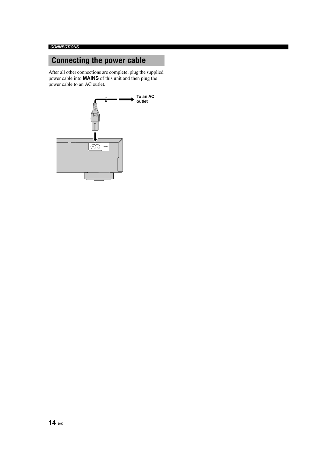 Yamaha DVD-S1800 dimensions Connecting the power cable, 14 En 