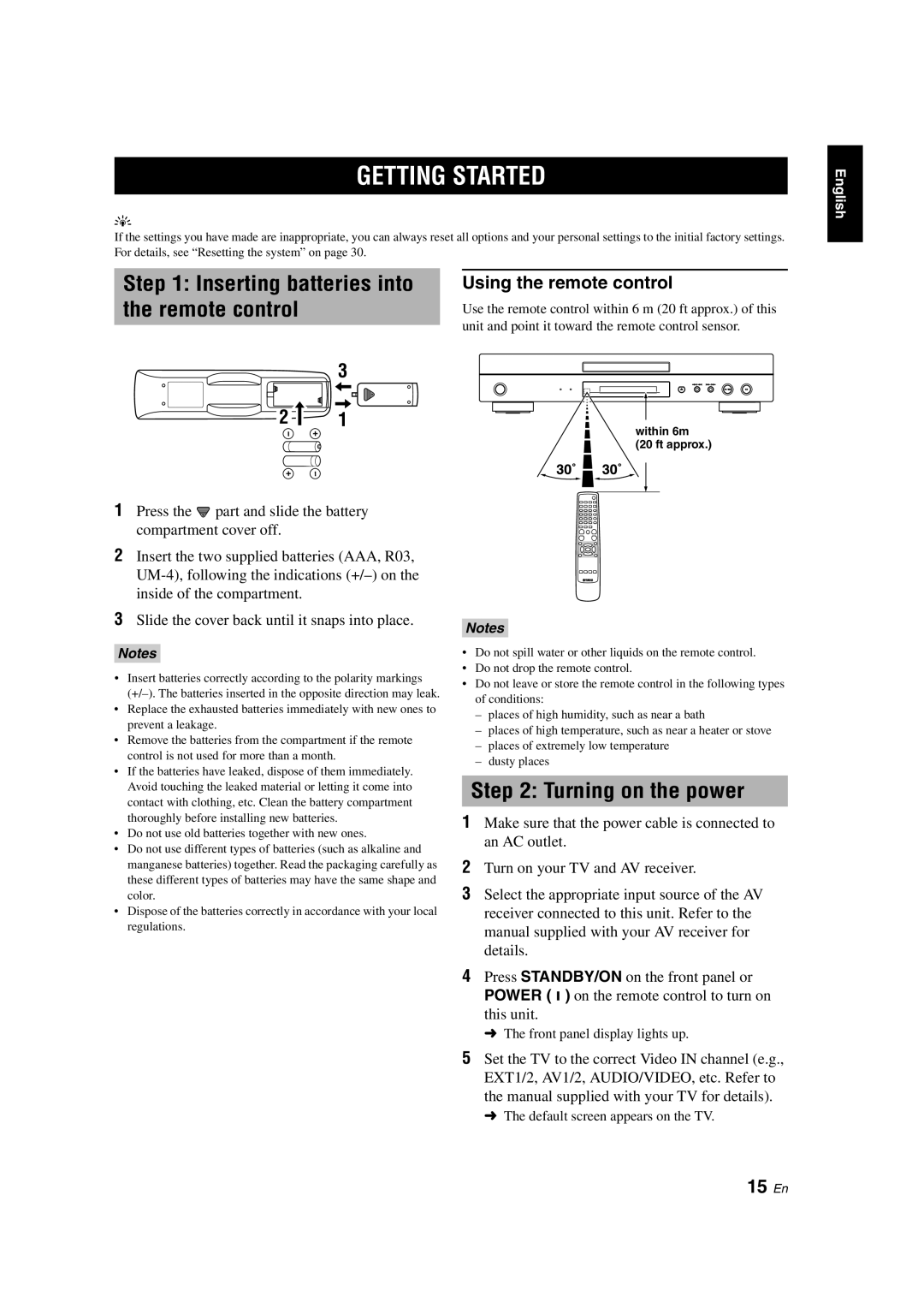 Yamaha DVD-S1800 Getting Started, Inserting batteries into, Turning on the power, 15 En, Using the remote control 