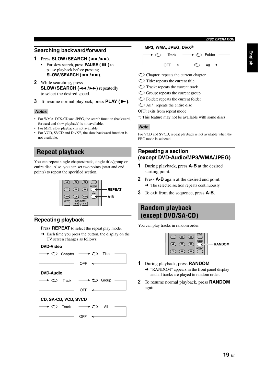 Yamaha DVD-S1800 dimensions Repeat playback, Random playback except DVD/SA-CD, 19 En 