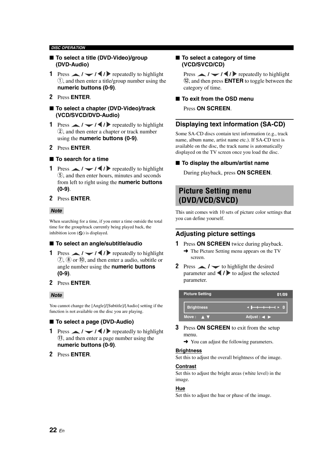 Yamaha DVD-S1800 Picture Setting menu DVD/VCD/SVCD, 22 En, Displaying text information SA-CD, Adjusting picture settings 