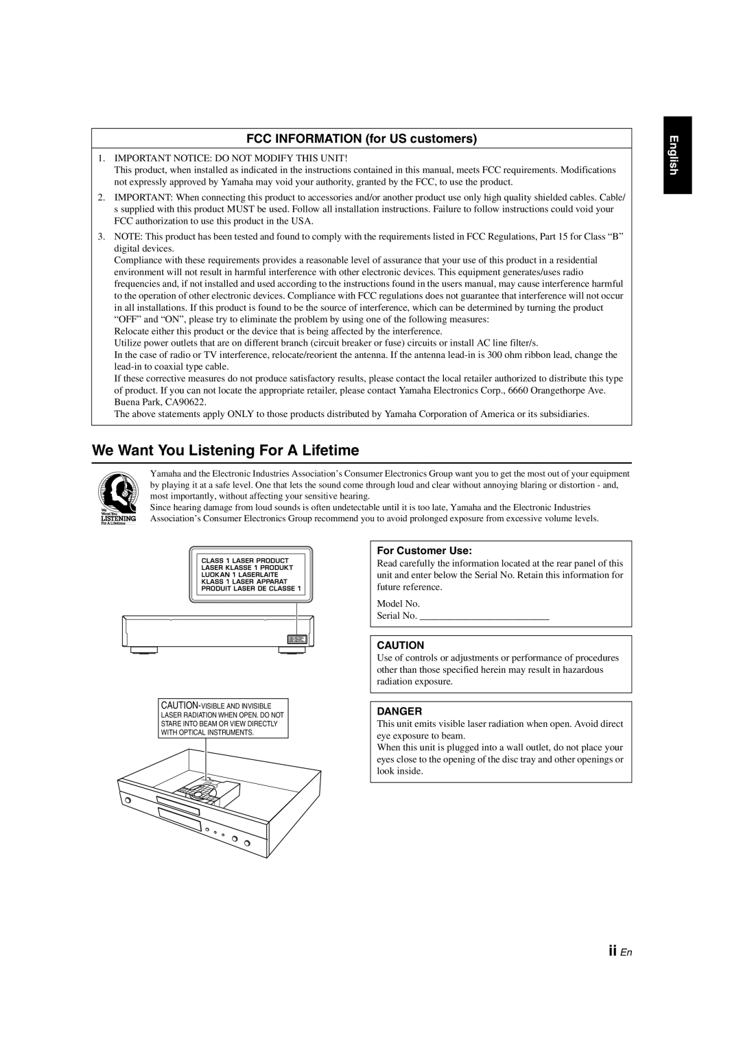 Yamaha DVD-S1800 dimensions We Want You Listening For a Lifetime, Ii En, FCC Information for US customers, For Customer Use 