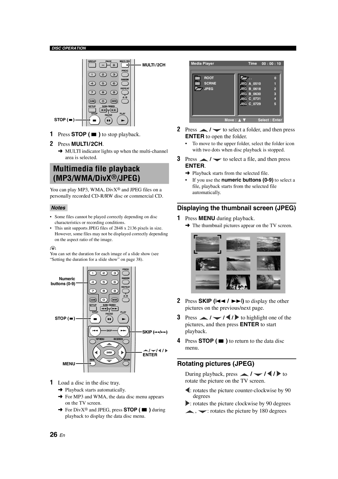 Yamaha DVD-S1800 dimensions Multimedia file playback MP3/WMA/DivX/JPEG, 26 En, Displaying the thumbnail screen Jpeg 