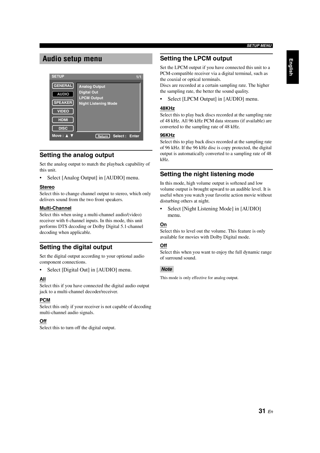 Yamaha DVD-S1800 dimensions Audio setup menu, 31 En 