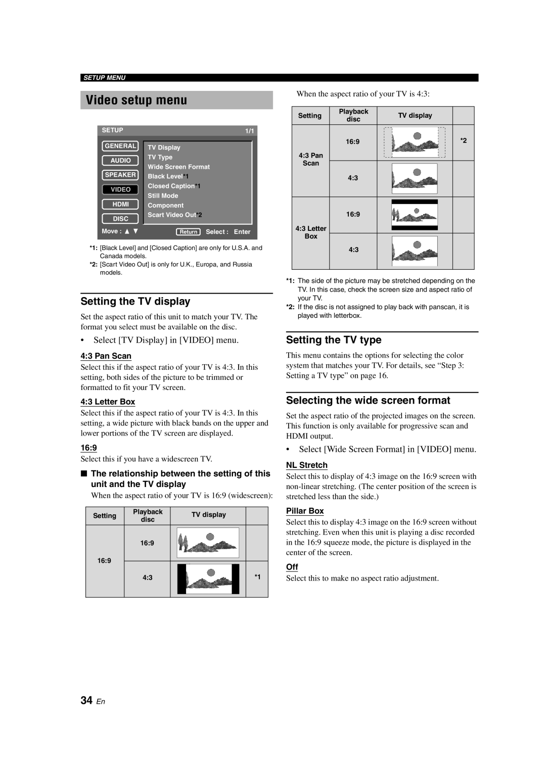 Yamaha DVD-S1800 Video setup menu, 34 En, Setting the TV display, Setting the TV type, Selecting the wide screen format 