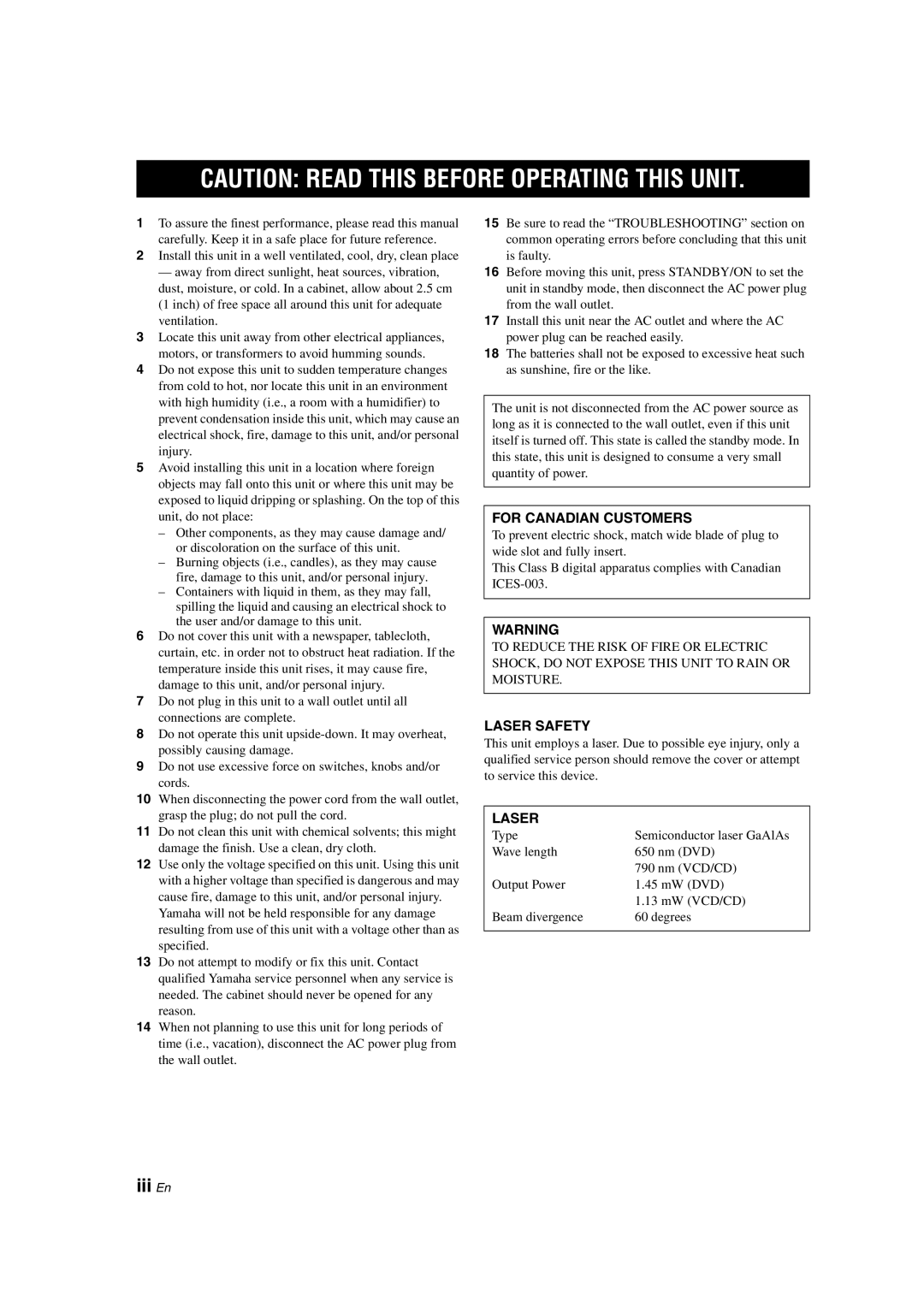 Yamaha DVD-S1800 dimensions Iii En, For Canadian Customers, Laser Safety 