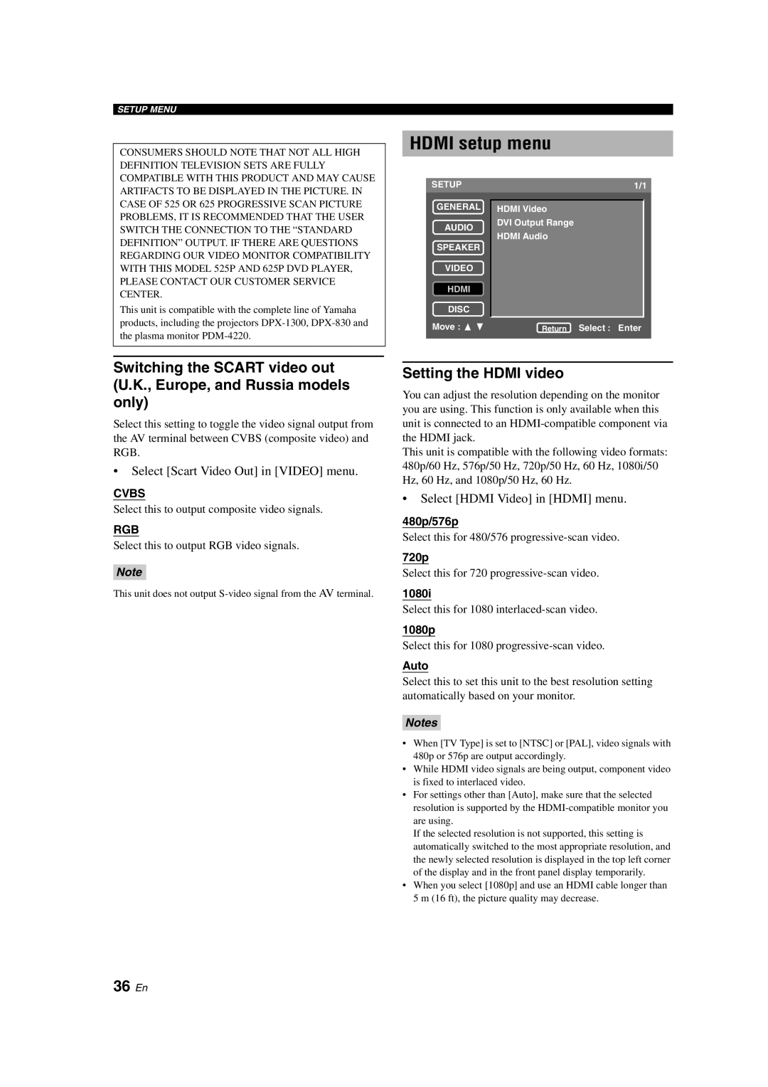 Yamaha DVD-S1800 dimensions Hdmi setup menu, 36 En, Setting the Hdmi video, Select Scart Video Out in Video menu 