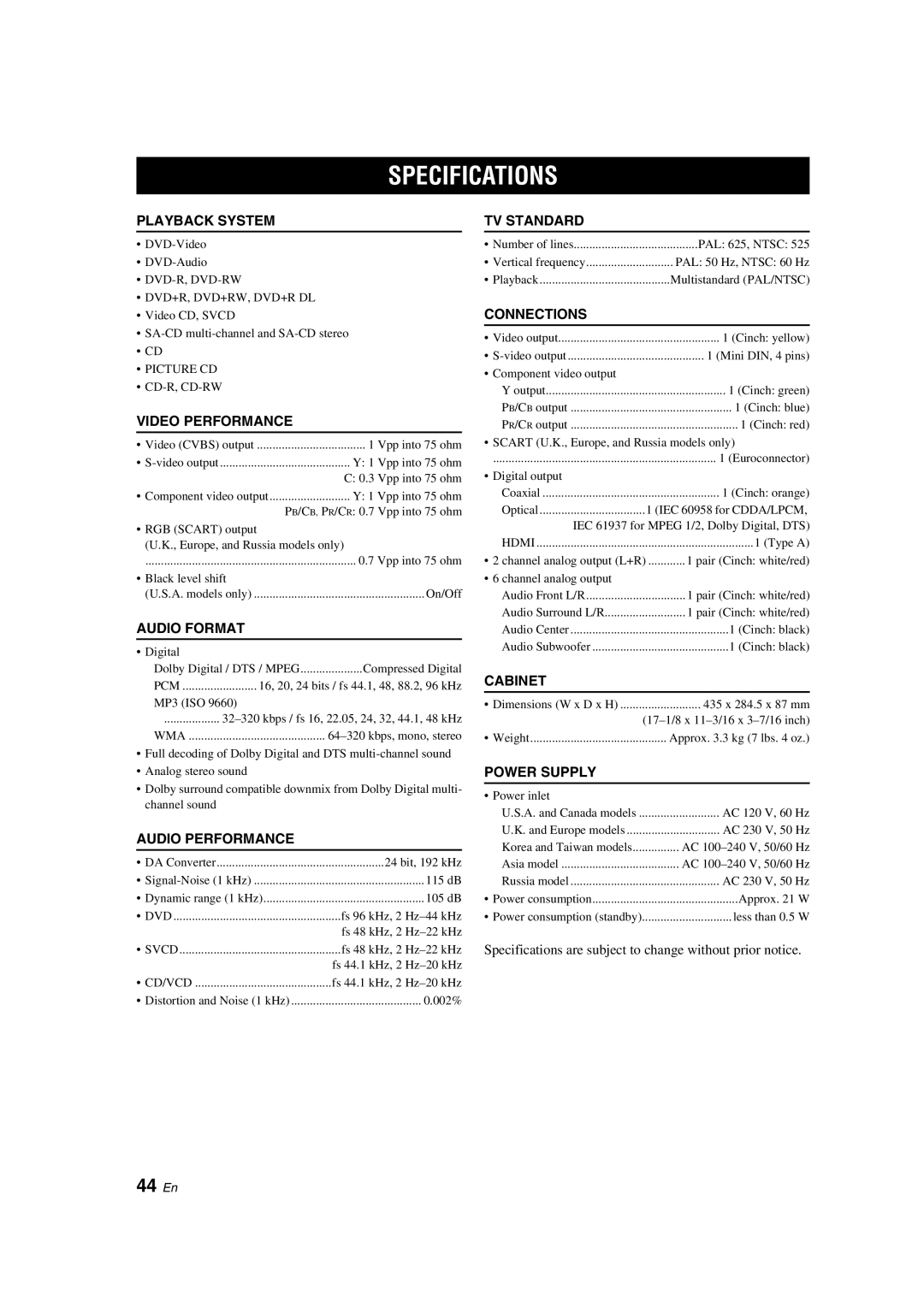 Yamaha DVD-S1800 dimensions Specifications, 44 En 