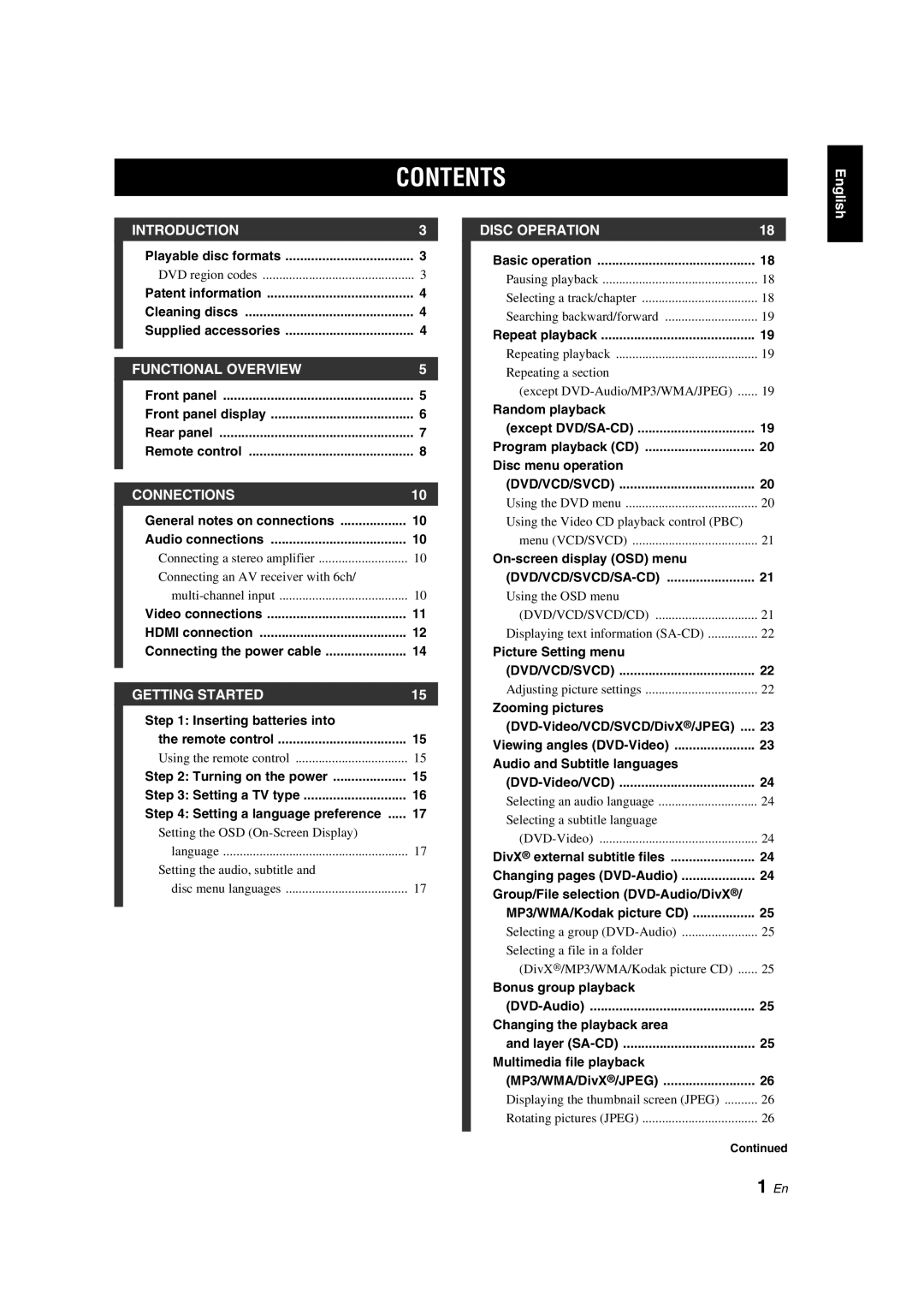 Yamaha DVD-S1800 dimensions Contents 