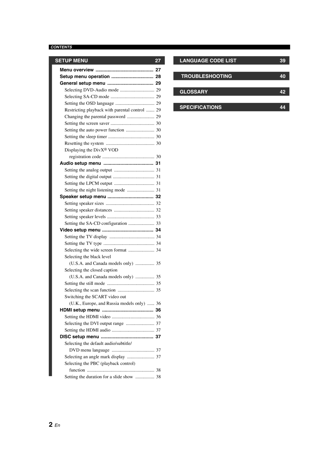 Yamaha DVD-S1800 dimensions Menu overview Setup menu operation General setup menu, Audio setup menu, Speaker setup menu 