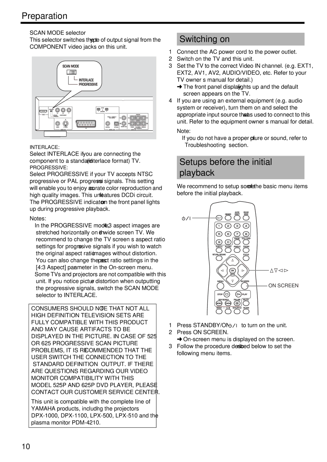 Yamaha DVD-S2500 owner manual Switching on, Setups before the initial playback 