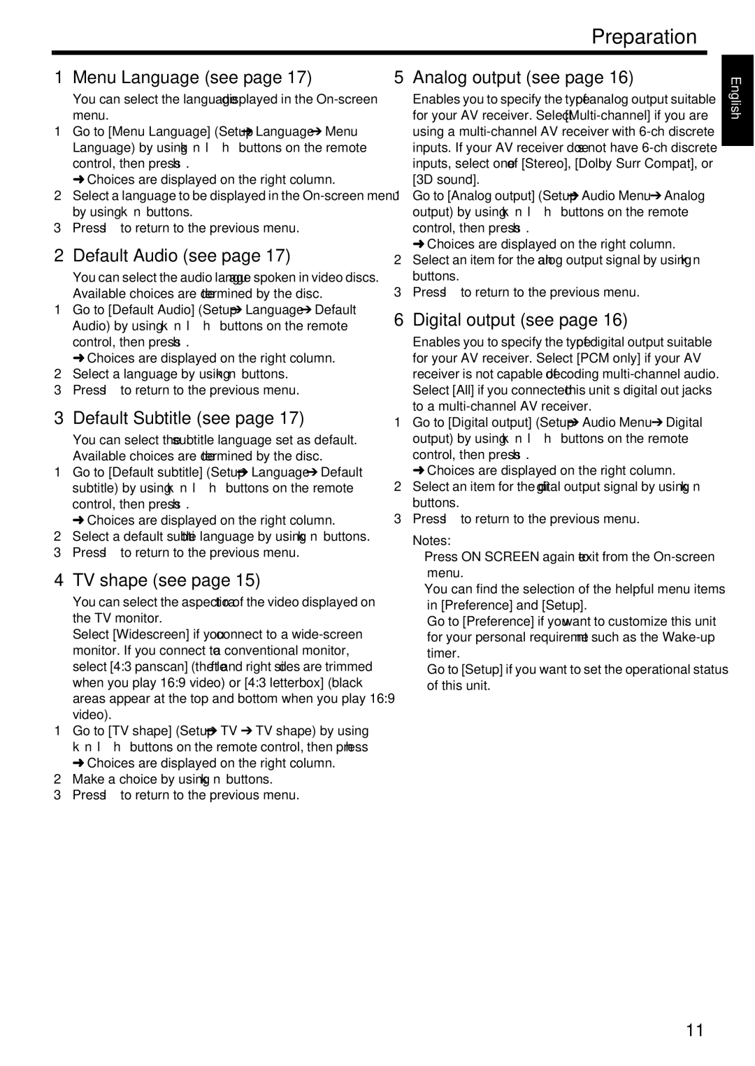 Yamaha DVD-S2500 1Menu Language see, 2Default Audio see, 3Default Subtitle see, 4TV shape see, 5Analog output see 