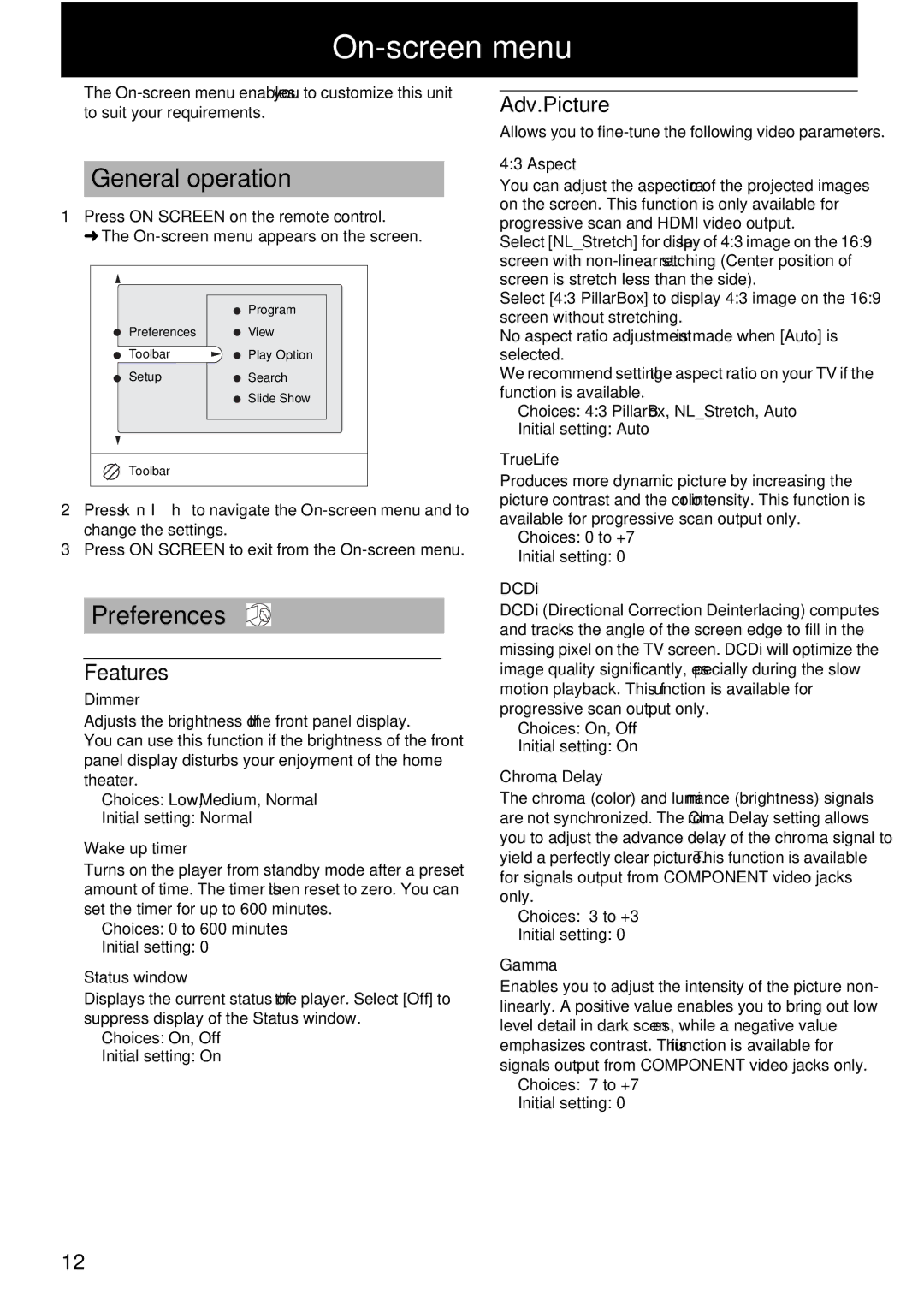 Yamaha DVD-S2500 owner manual On-screen menu, General operation, Preferences, Features, Adv.Picture 