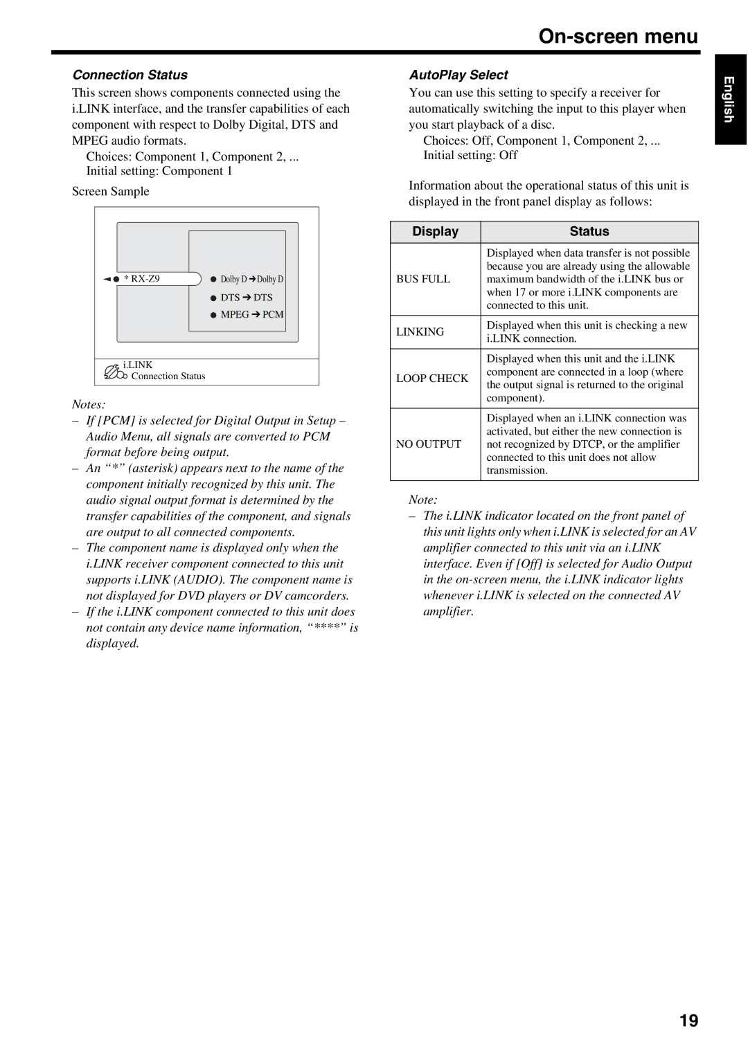 Yamaha DVD-S2500 owner manual Connection Status, AutoPlay Select, Display Status 