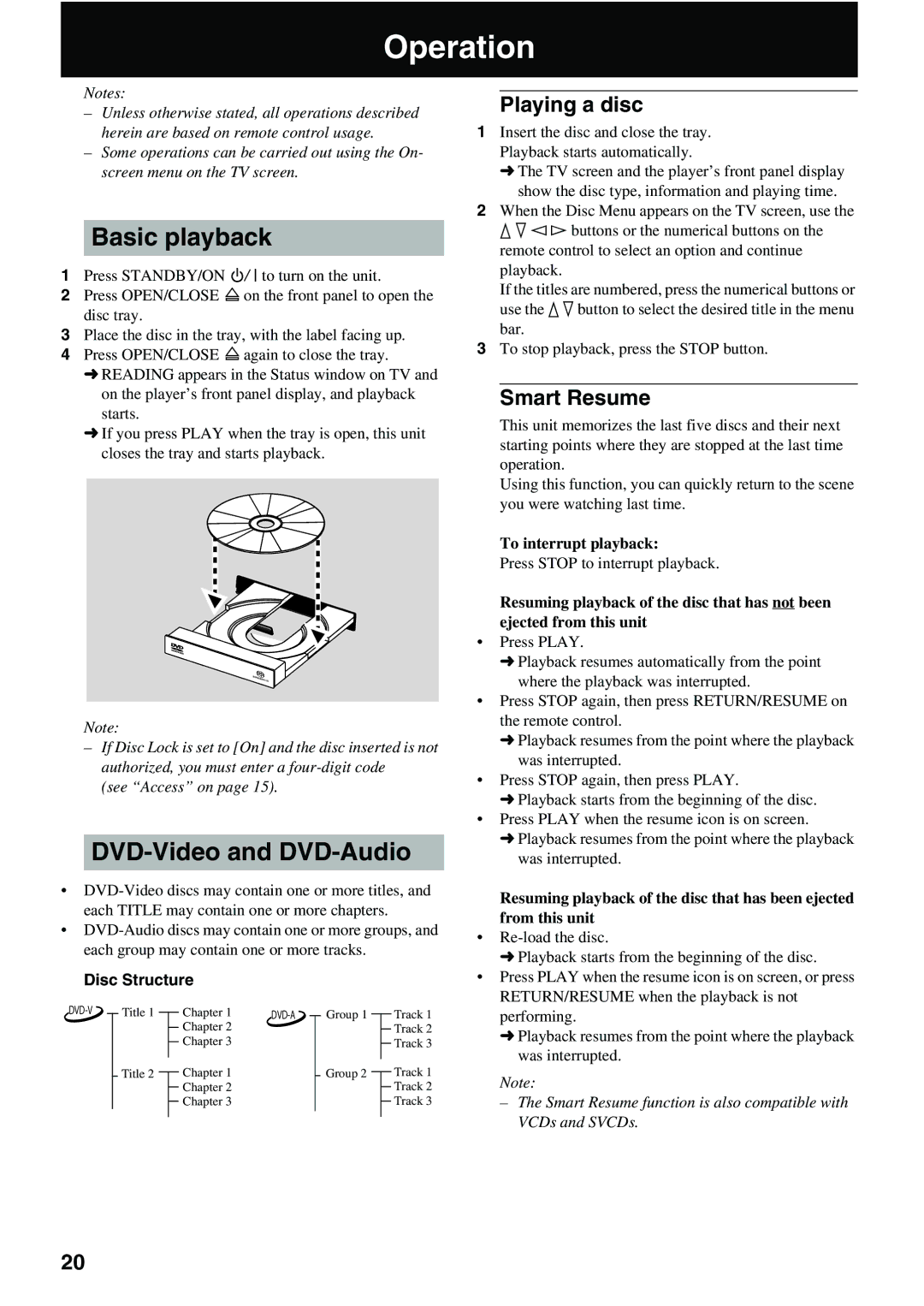 Yamaha DVD-S2500 owner manual Operation, Basic playback, DVD-Video and DVD-Audio, Playing a disc, Smart Resume 