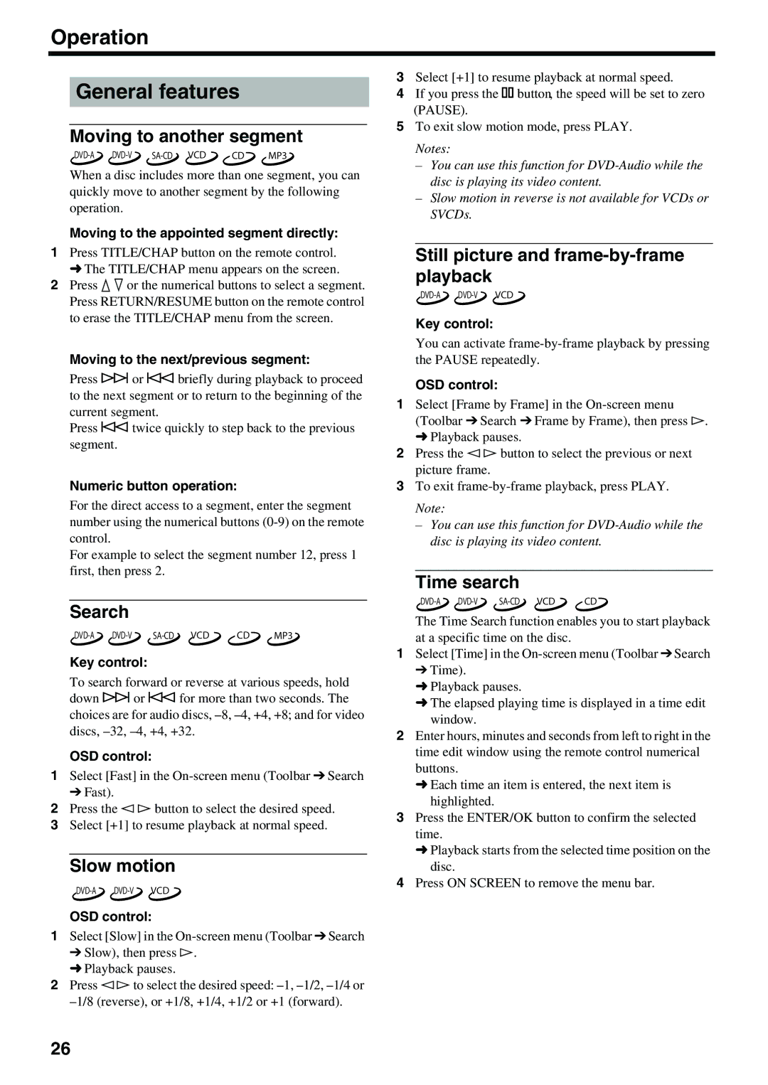 Yamaha DVD-S2500 owner manual Operation General features, Moving to another segment, Slow motion, Time search 