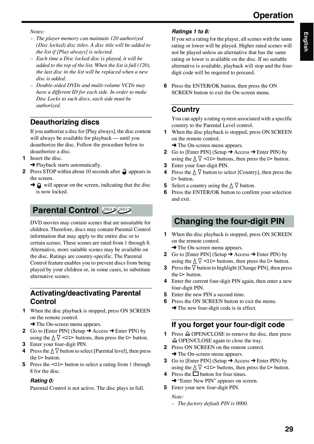 Yamaha DVD-S2500 owner manual Parental Control DVD-ADVD-V, Changing the four-digit PIN 