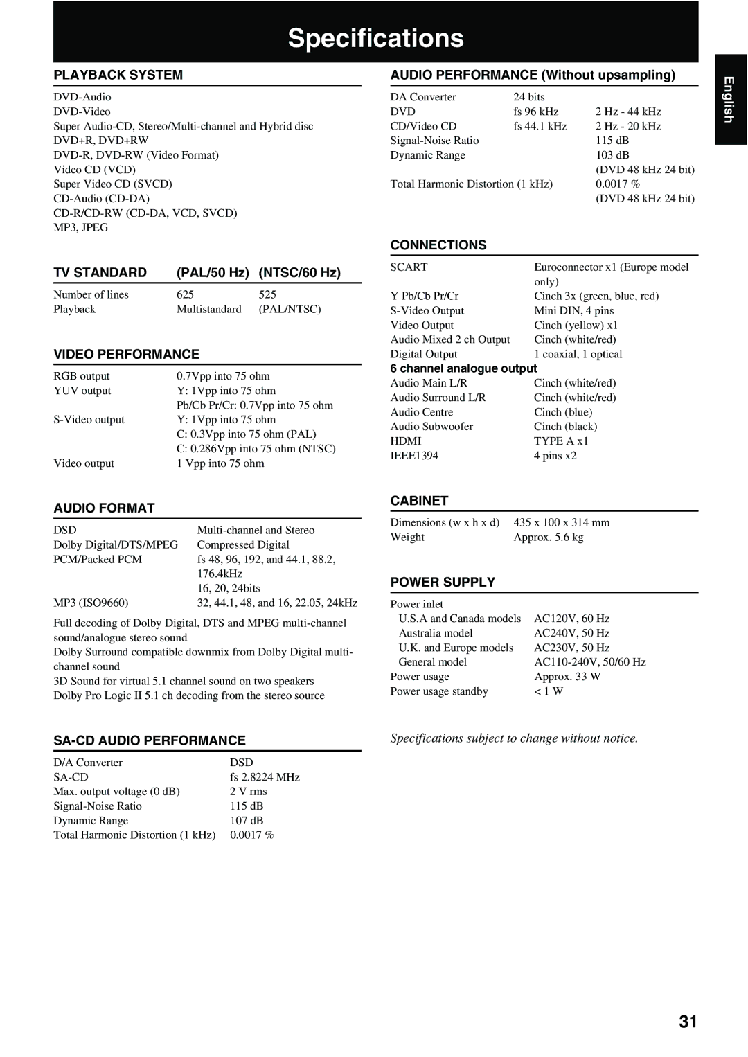 Yamaha DVD-S2500 owner manual Specifications 