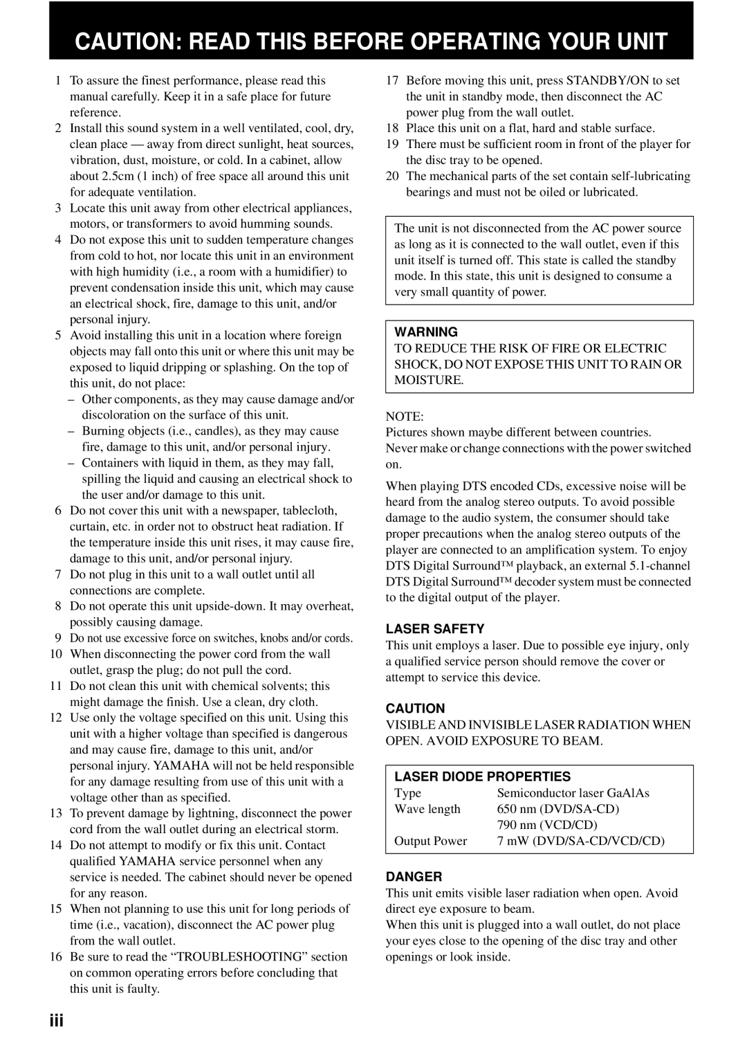 Yamaha DVD-S2500 owner manual Iii, Laser Safety, Laser Diode Properties 