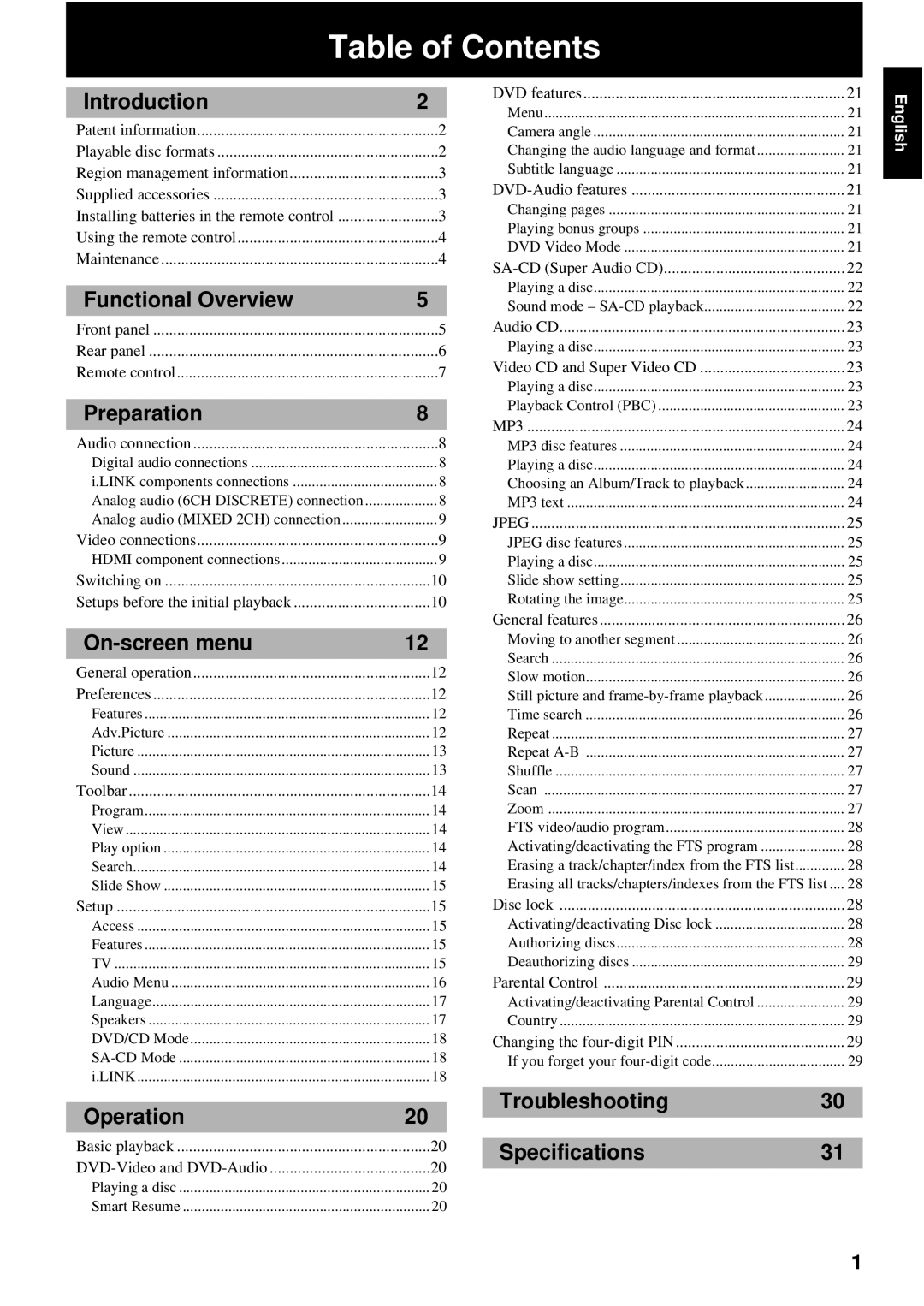 Yamaha DVD-S2500 owner manual Table of Contents 