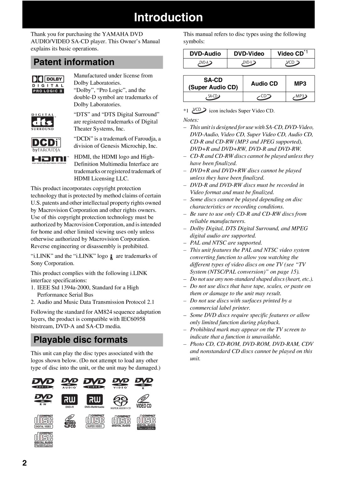 Yamaha DVD-S2500 owner manual Introduction, Patent information, Playable disc formats, Sa-Cd, MP3 