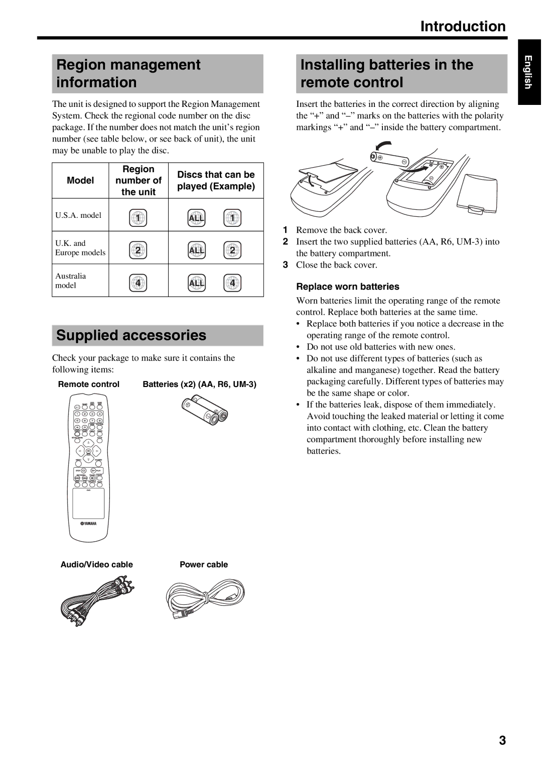 Yamaha DVD-S2500 Supplied accessories, Region Discs that can be Model Number Played Example Unit, Replace worn batteries 