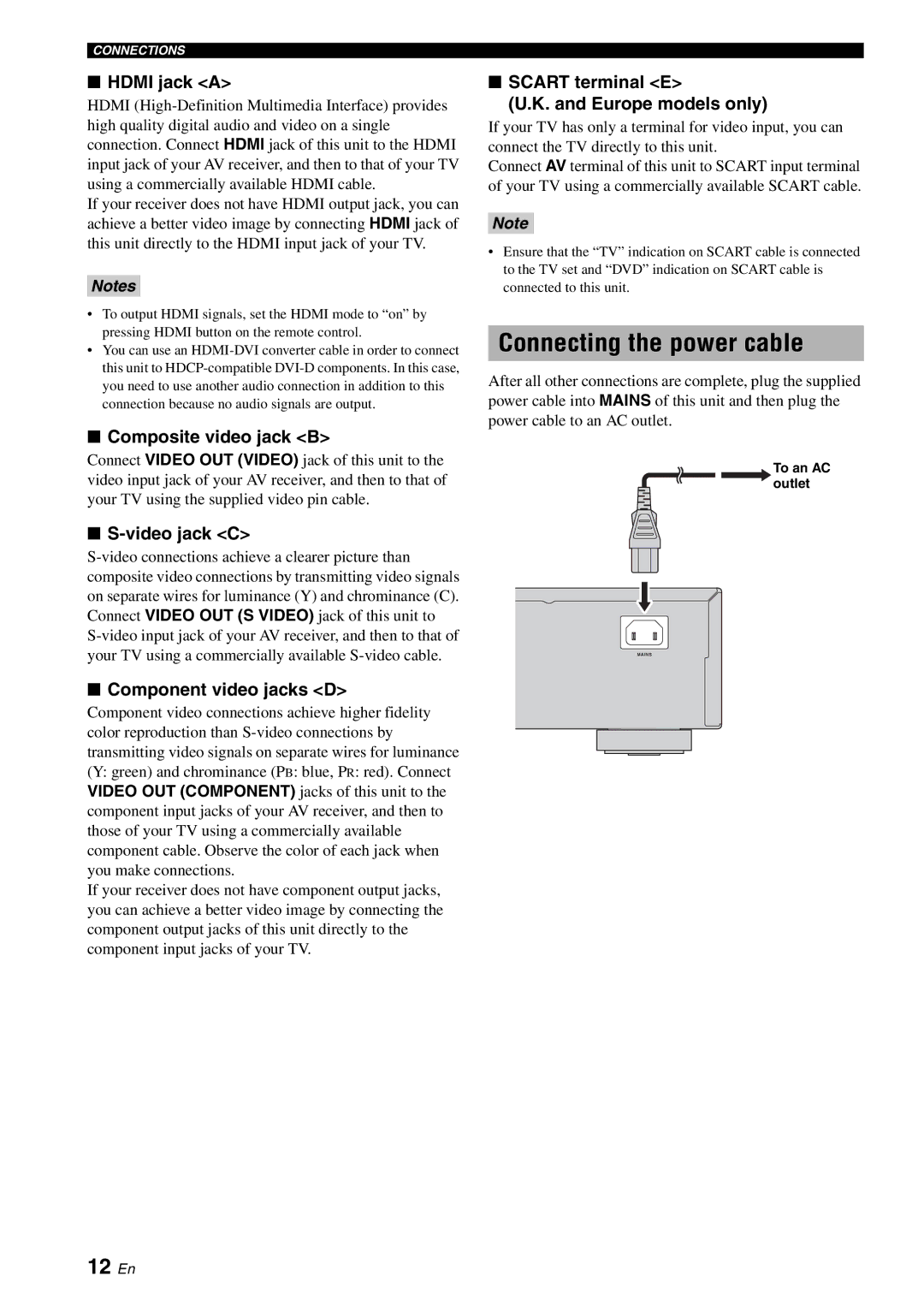 Yamaha DVD-S2700 manual Connecting the power cable, 12 En 