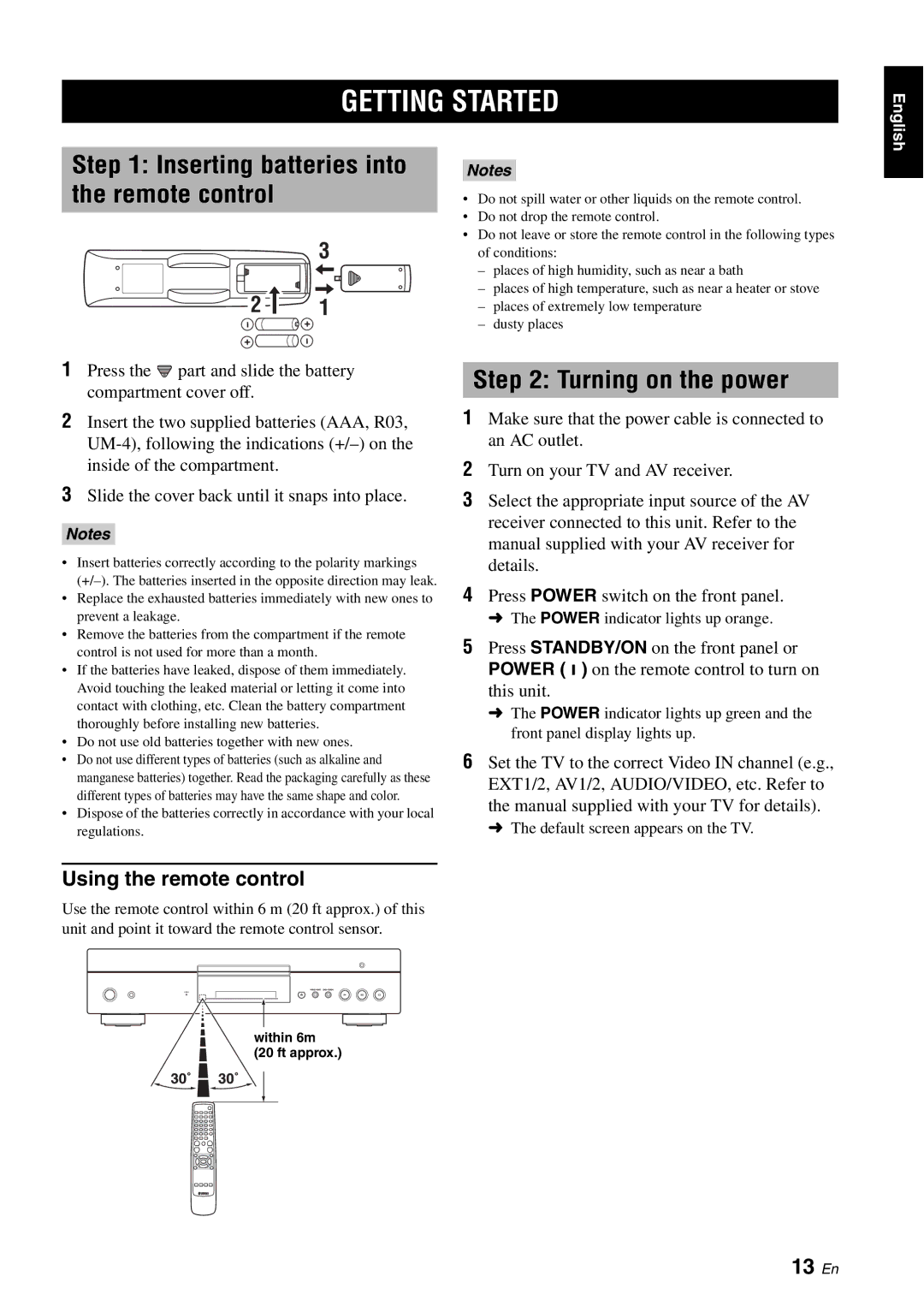 Yamaha DVD-S2700 manual Getting Started, Inserting batteries into the remote control, Turning on the power, 13 En 