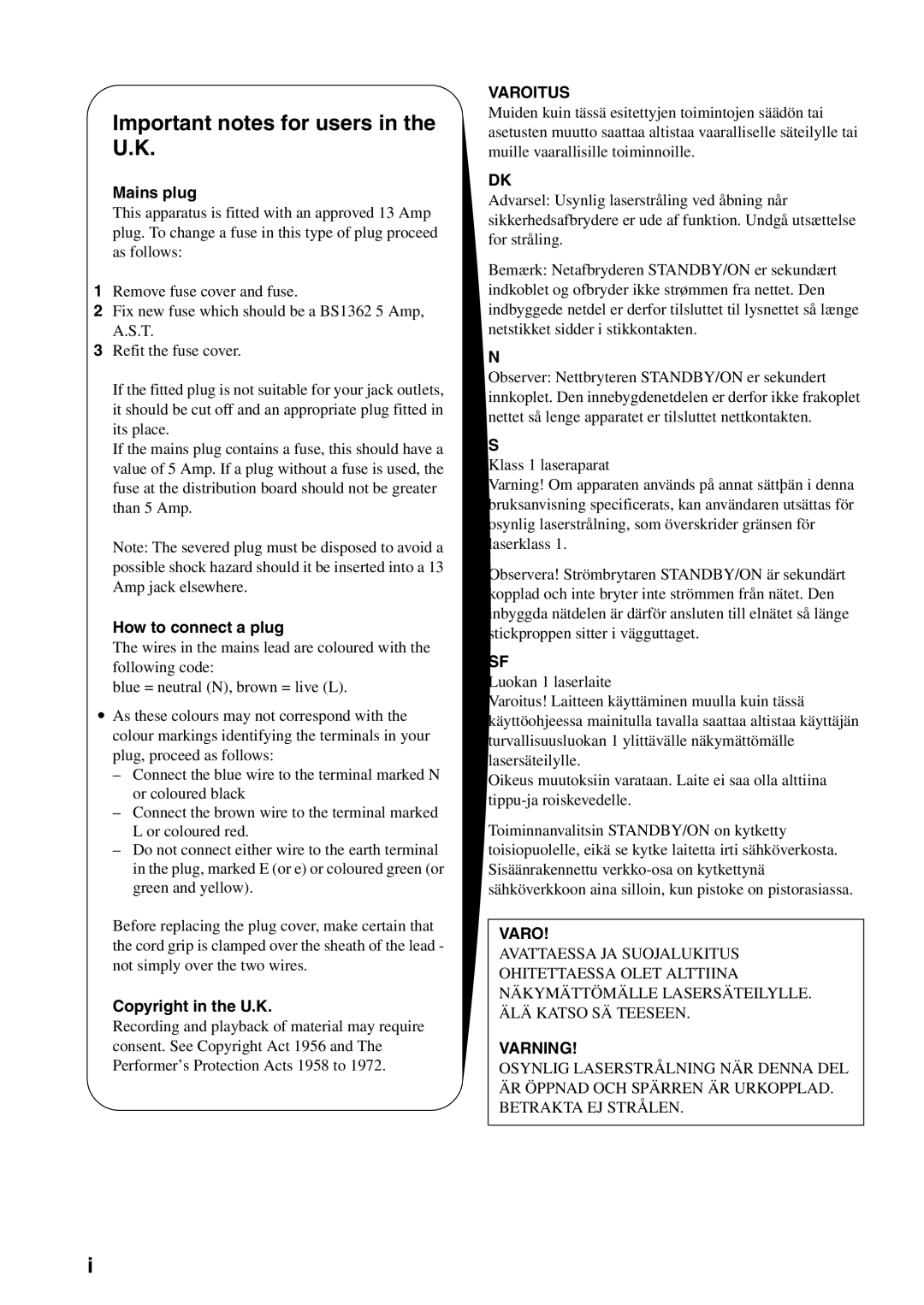 Yamaha DVD-S2700 manual Important notes for users in the U.K, Varoitus, Varning 