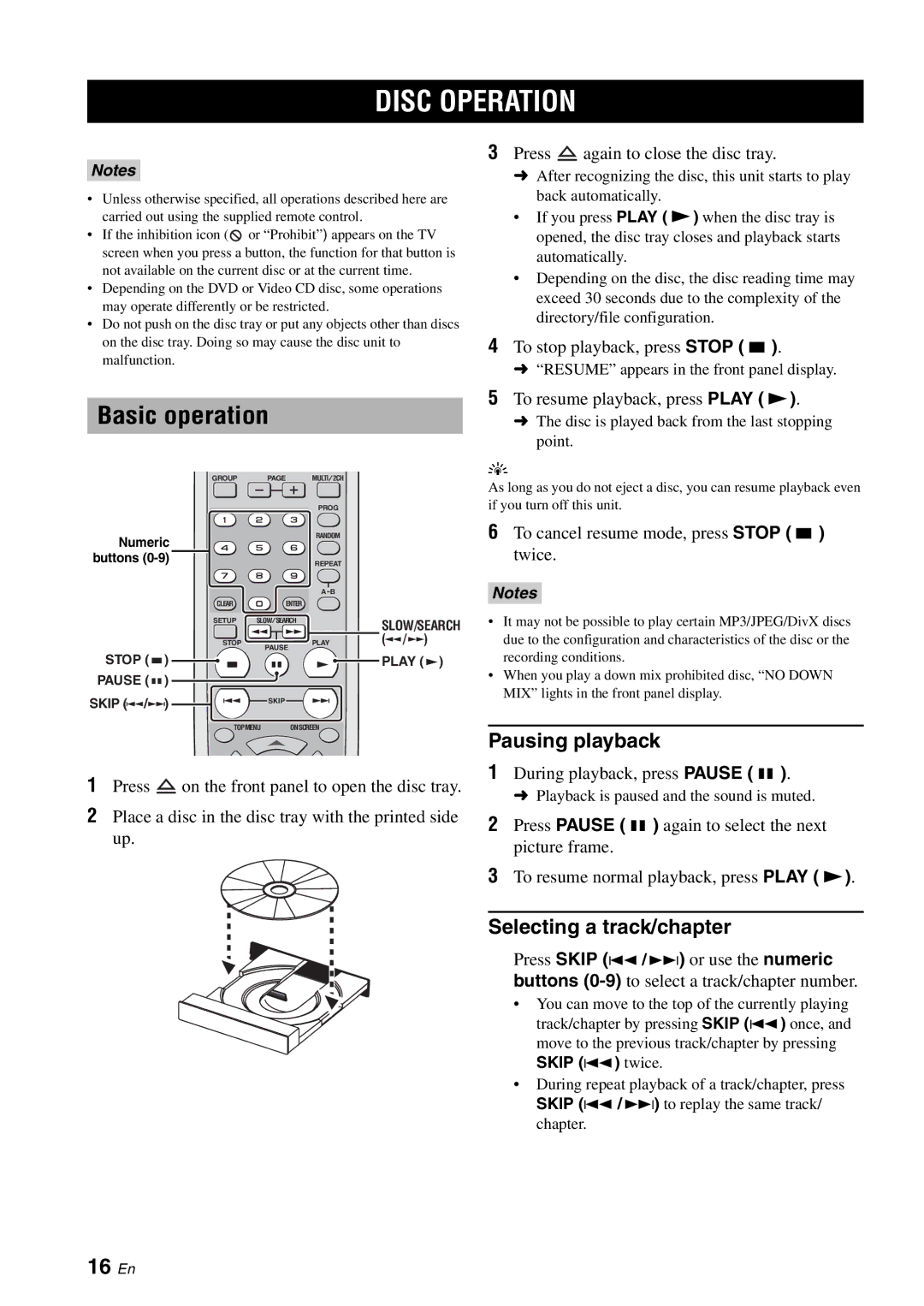 Yamaha DVD-S2700 manual Disc Operation, Basic operation, 16 En, Pausing playback, Selecting a track/chapter 