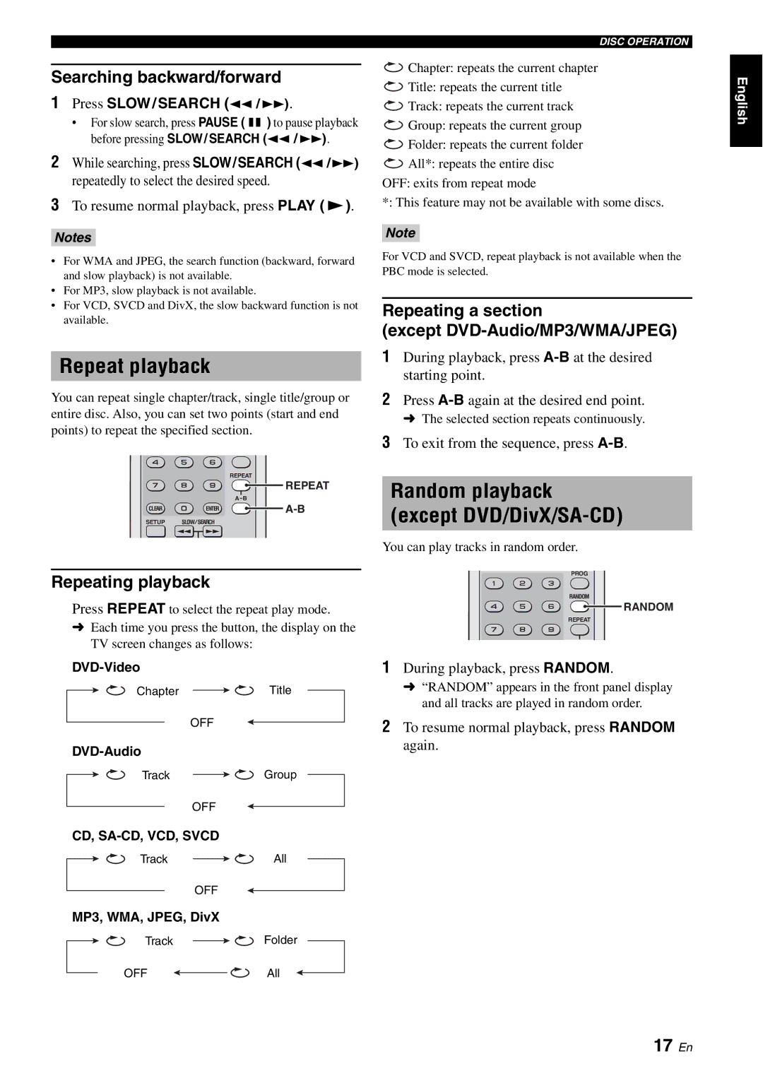 Yamaha DVD-S2700 manual Repeat playback, Random playback except DVD/DivX/SA-CD, 17 En 