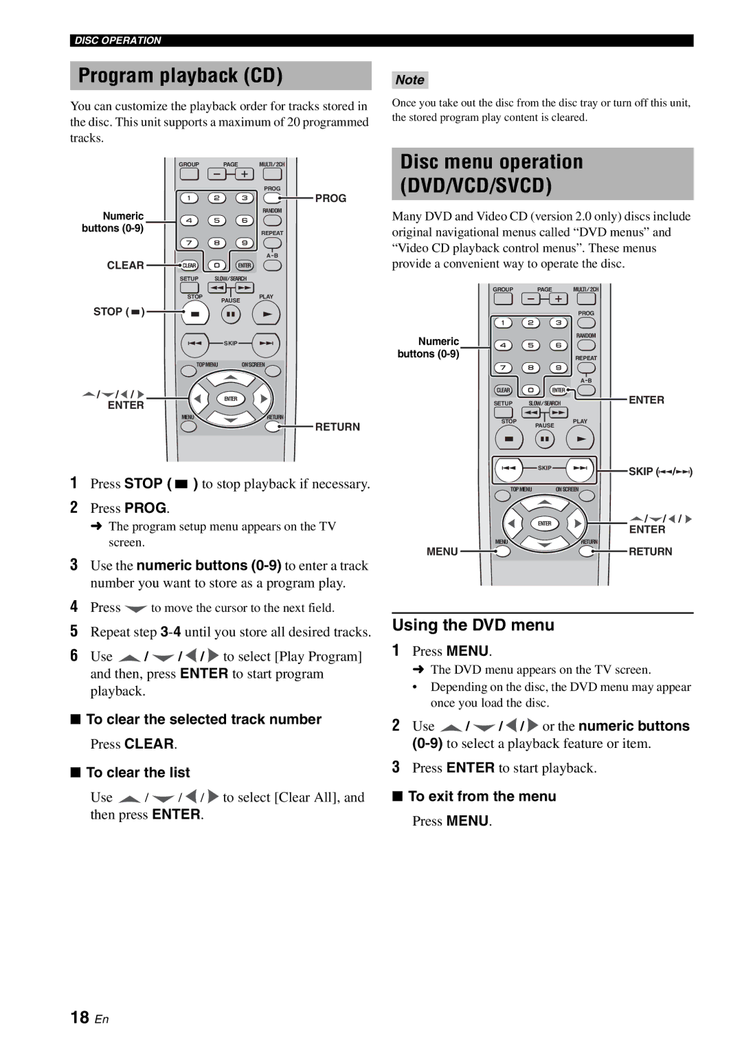 Yamaha DVD-S2700 manual Program playback CD, Disc menu operation DVD/VCD/SVCD, 18 En, Using the DVD menu 