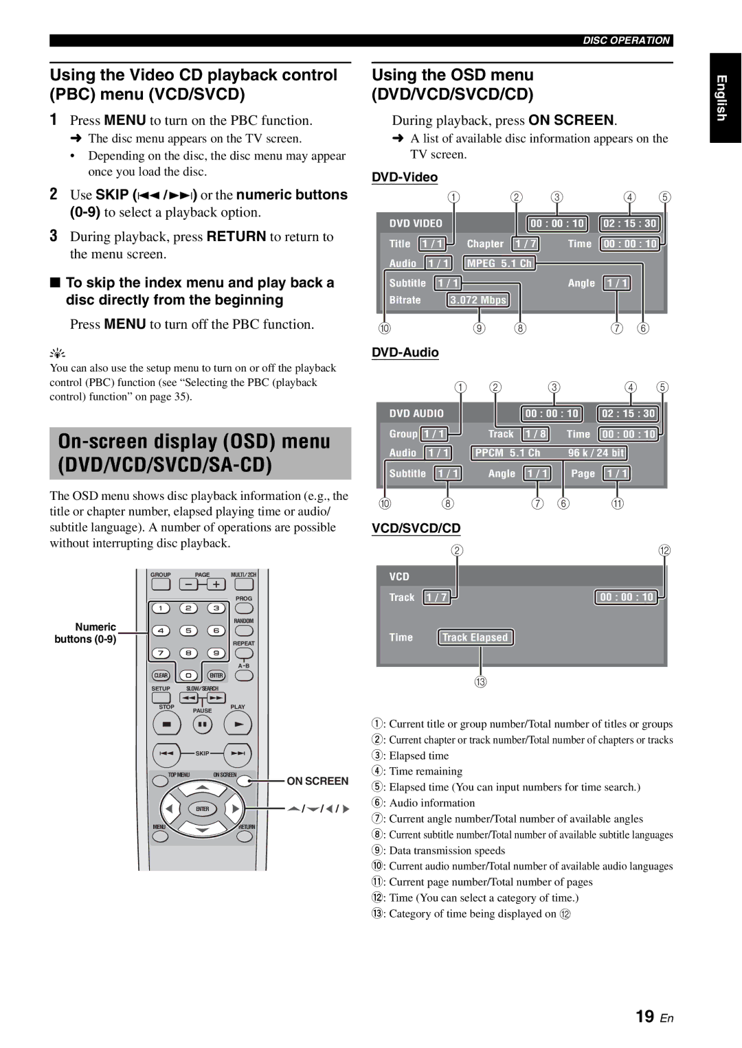 Yamaha DVD-S2700 manual On-screen display OSD menu DVD/VCD/SVCD/SA-CD, 19 En, Using the OSD menu DVD/VCD/SVCD/CD 